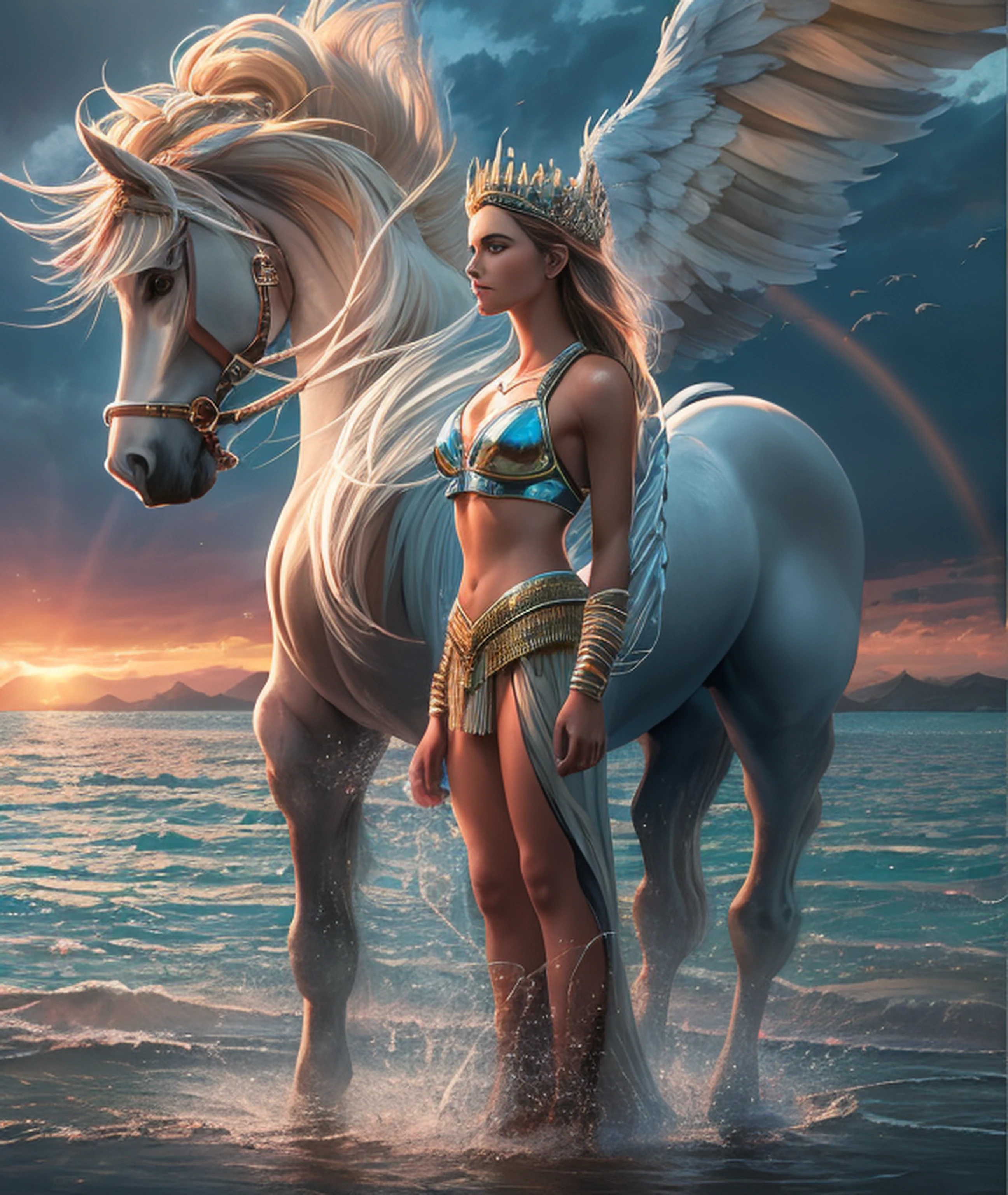 👩🏼An Amazonian Queen standing next to a winged Pegasus by the sea, water spray, Surrealism, Conceptual art, god rays, reflection light, motion lines, UHD, masterpiece, anatomically correct, 8k, extreme close-up, f22, pin sharp focus throughout, 40 images focus stacked to maintain maximum depth of focus throughout the final image, 8k image resolution, twilight