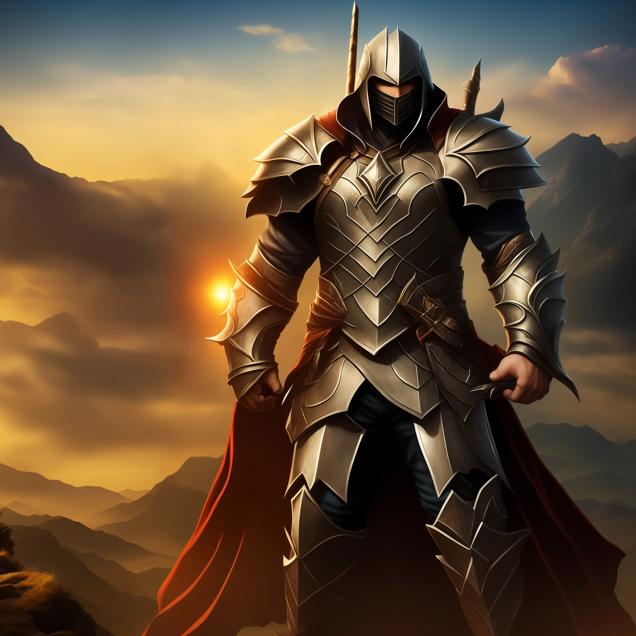 He stands in the midst of a vast and magnificent landscape，Towering peaks in the distance，surrounded by cloud，Show majesty。The sun shines on him，Reflects firm muscles and a strong physique。Heavy armor that shines brightly，Made of metal，Catch the eye。Shoulder a lot of responsibility and mission，Armor witnesses combat and great strength。Sharp and firm gaze，Reveal determination and confidence。