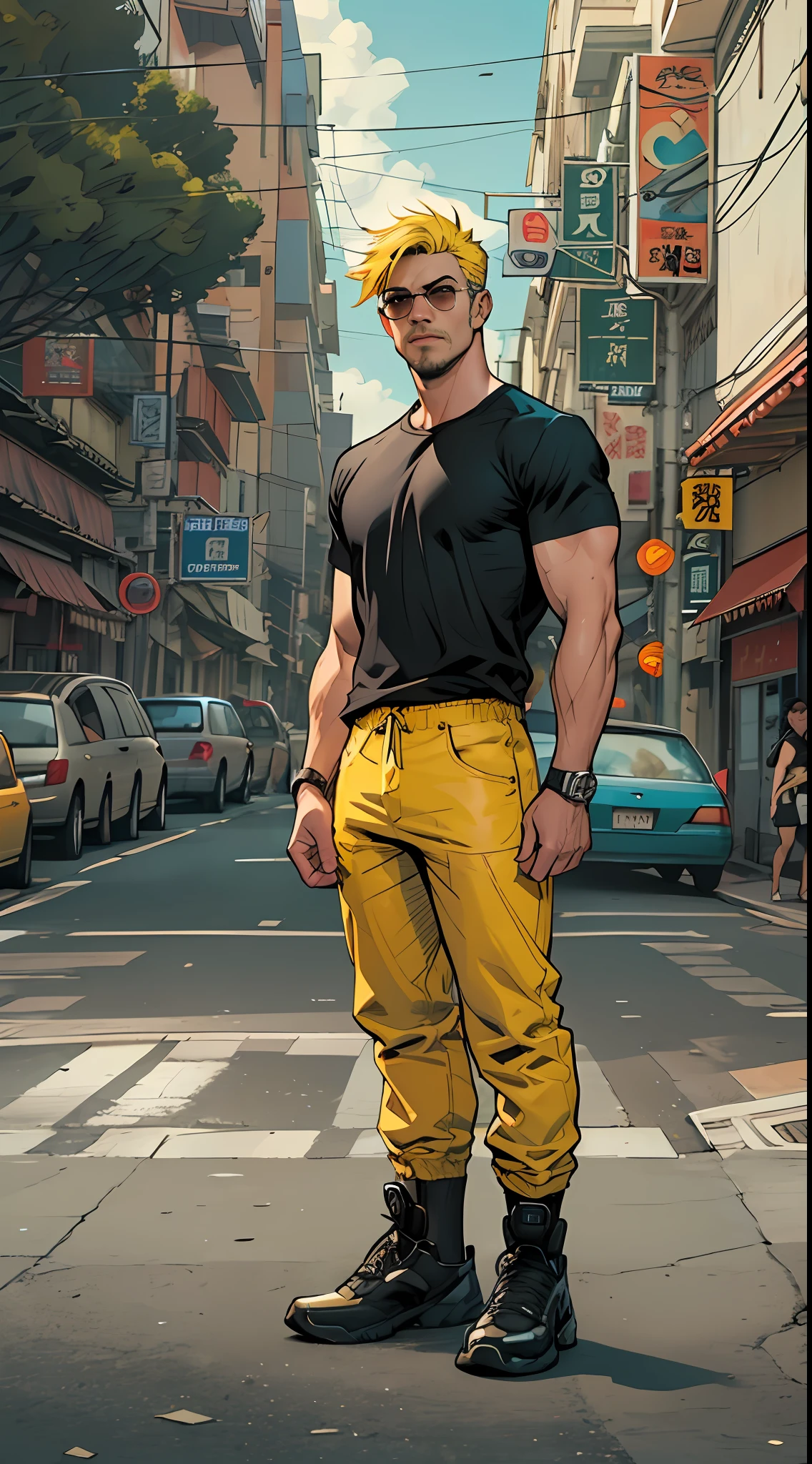 A handsome adult man, wearing a black T-shirt and short yellow hair, standing at a street intersection, in the style of chinapunk, marvel comics, hyper-realistic oil, vacation dadcore, strong use of contrast, animation, genderless