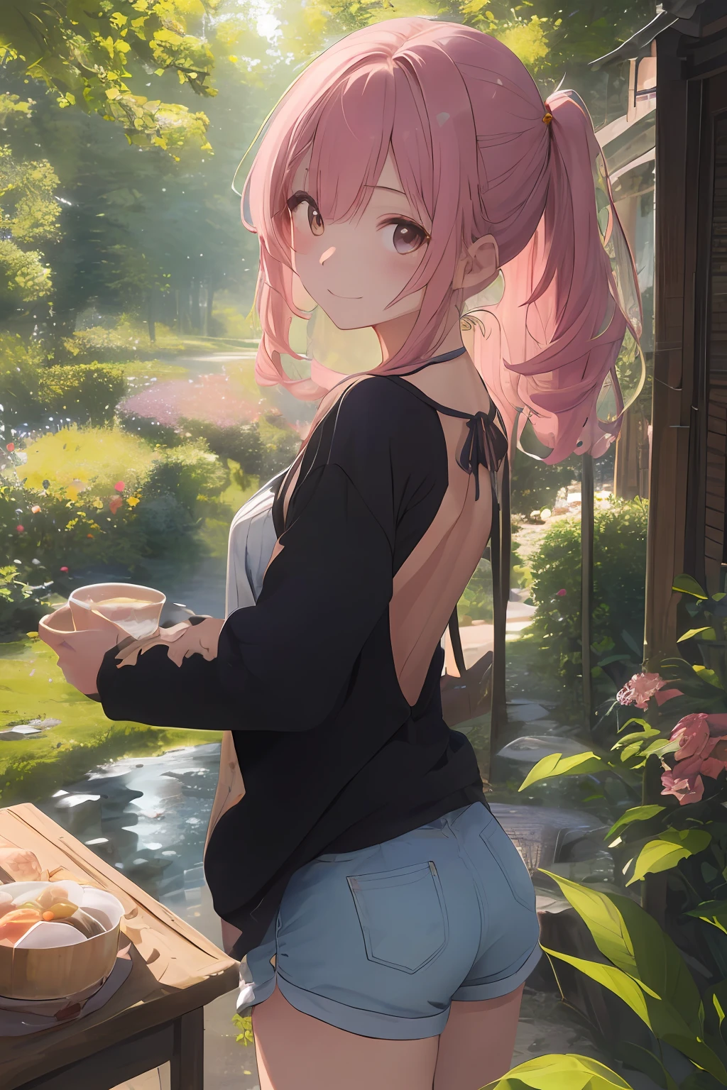 (masterpiece、realisitic:1.4)、(very intricate:1.2)>、Close Shot、((Intensely pastel tones)),portlate、(The upper part of the body:1.2)、(from the front side:1.3)、(dinner table)、Backless Tank Top、hotpants、(Very long hair)、A smile、breastsout、bare shoulders、garden、dinner、nigh sky、(florals)、(Confetti)、looking at the viewers、Italian、tilt of the head、the wind、rays of moonlight、1girl in、独奏、Pink hair、BREAK、ciinematic light、超A high resolution、8KUHD、film grains、perfect anatomia、Exquisitely detailed skin、 Best Shadows、Delicate、raw、hight resolution、Precise background、(Natural forest in the background)、(breastsout)Protrusion of