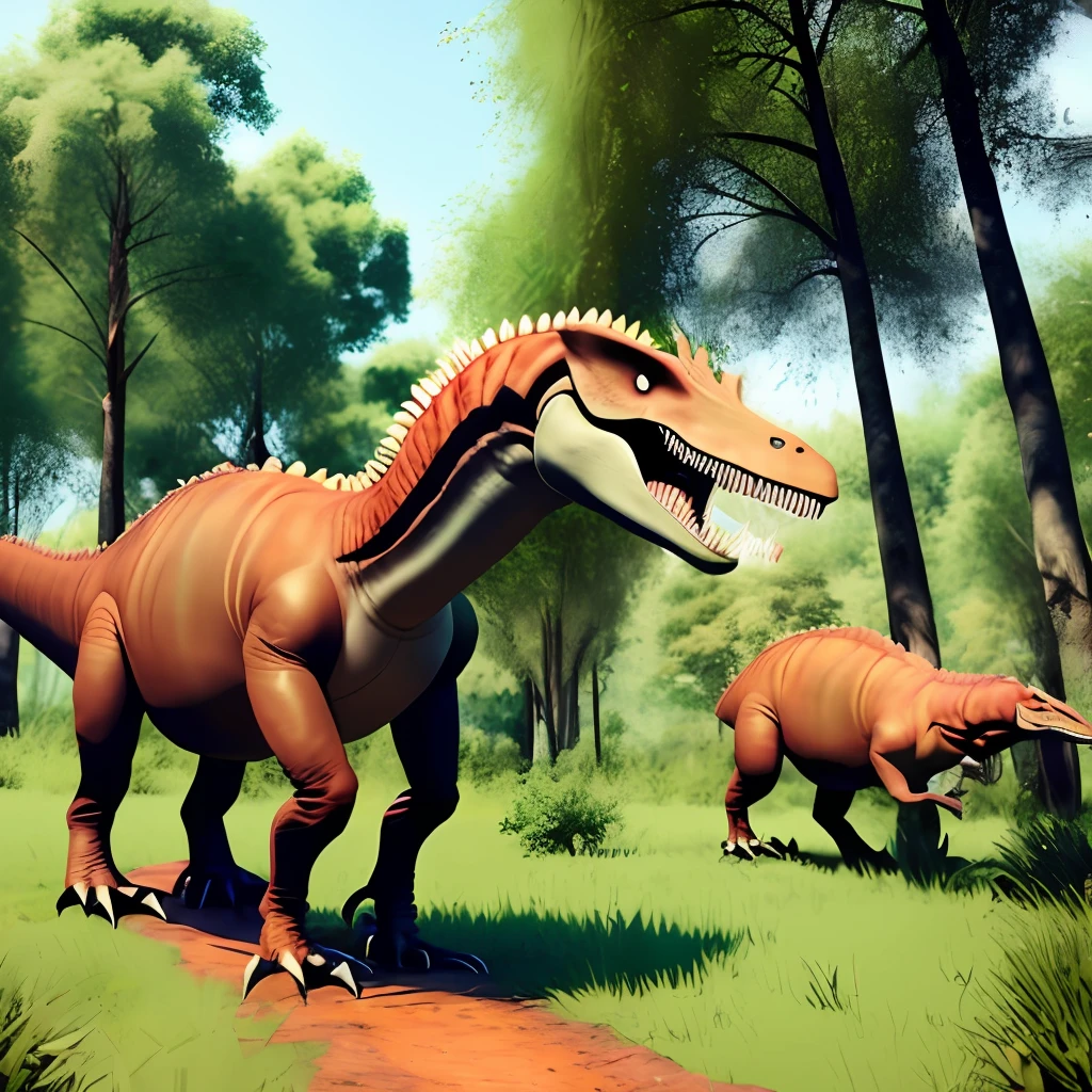 Alafeid dinosaurs in the forest,There are trees and paths, carnivore dinosaur, alosaurus, dinosaurs, trex dinosaur, reptoids, nachosaurus, depicted as a 3 d render, tyrannosarus rex, spinosaurus, trex, author:Wayne England, author:Matthew S. Wilson, author:Ivan Mesrovich