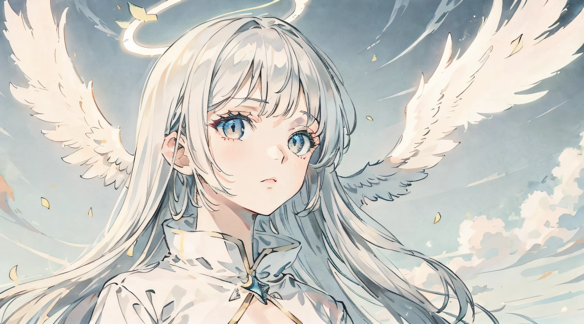 ****, Illustration,Heavenly background, 1girl in, White hair, Golden Eyes, Long hair, Halo, Angel wings, serene expressions, Looking at Viewer