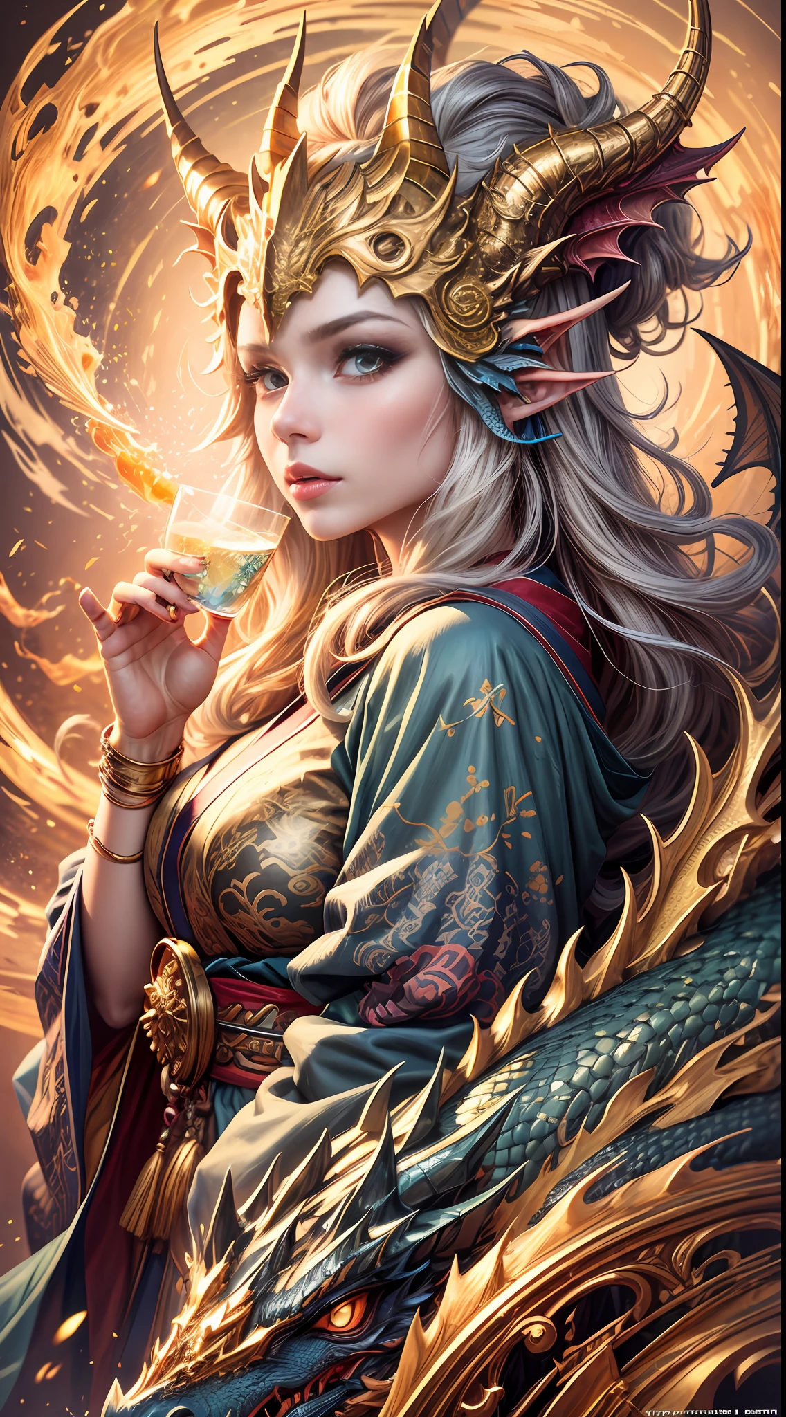 Amazing illustration of the dragon behind the beautiful girl, Beautiful rainbow kimono, masutepiece, A golden dragon surrounded by gold dust, Wind, God, Long wavy body, tusks, fantasy, mito, High quality, Highly detailed, masutepiece, Epic, Particle effect, Dynamic effects, Eyes are crystals, good luck, gold background, Wealth is on the rise, gold, One head, Realistic, Dragon God, The background is golden, 7 colors of brilliance, Grand,