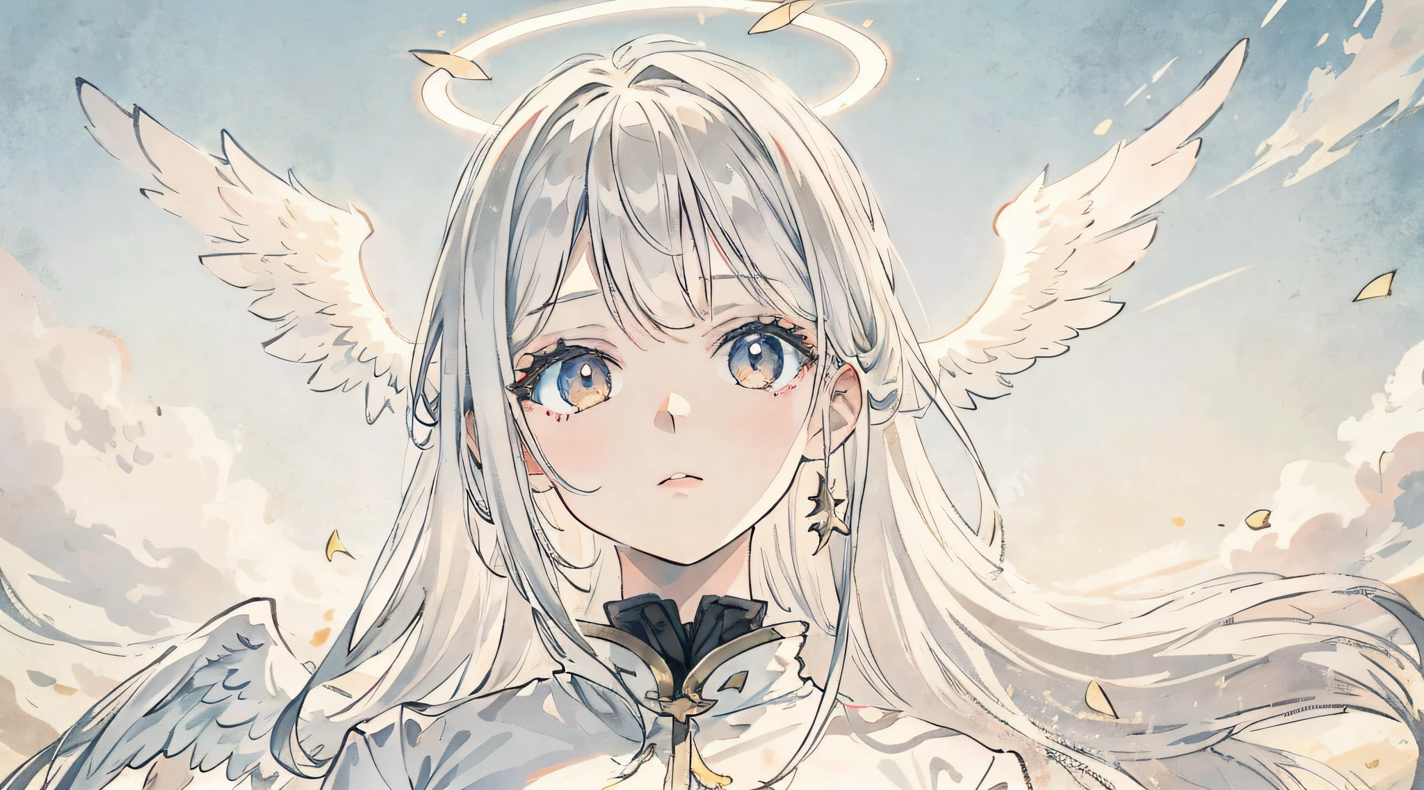 ****, Illustration,Heavenly background, 1girl in, White hair, Golden Eyes, Long hair, Halo, Angel wings, serene expressions, Looking at Viewer