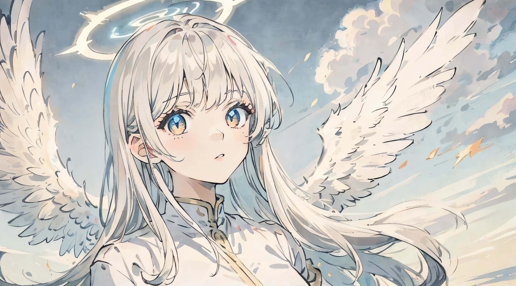 ****, Illustration,Heavenly background, 1girl in, White hair, Golden Eyes, Long hair, Halo, Angel wings, serene expressions, Looking at Viewer