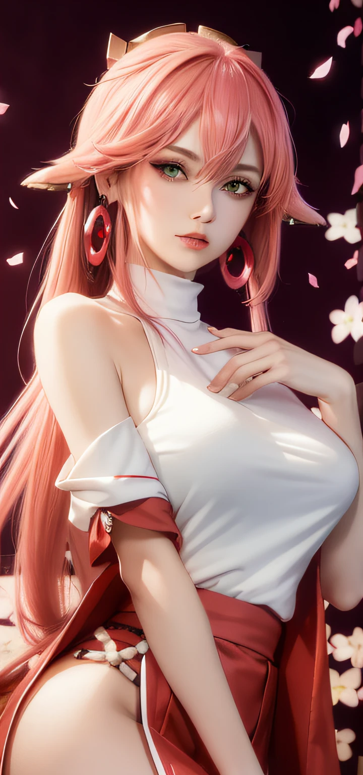 (Masterpiece, Excellent, 1girl, solo, complex details, color difference), realism, ((medium breath)), off-the-shoulders, big breasts, sexy, Yae Miko, long pink hair, red headdress, red highlight, hair above one eye, green eyes, earrings, sharp eyes, perfectly symmetrical figure, choker, neon shirt, open jacket, turtleneck sweater, against the wall, brick wall, graffiti, dim lighting, alley, looking at the audience, ((mean, seductive, charming)), ((cherry blossom background ))),((Japanese temple background)))), (((Glow-in-the-dark background)))