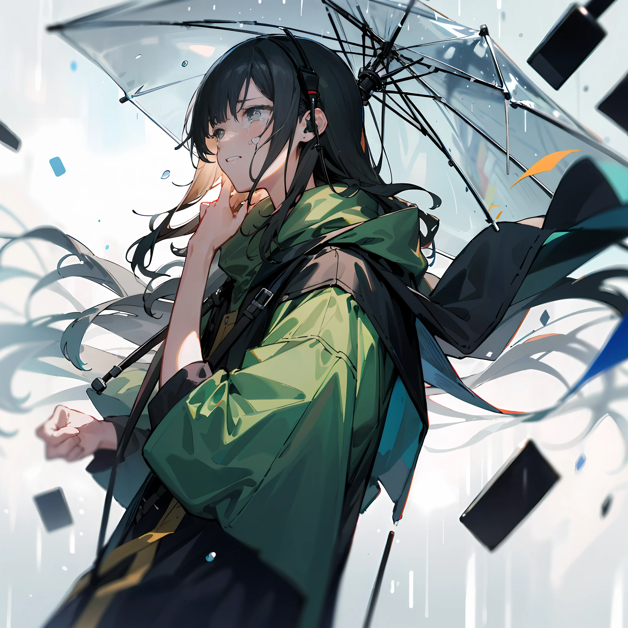 (lamentation),((​masterpiece)),Top image quality,Sateen,Rain,head phone,Black clothe,(Listen to music and cry),Transparent illustration