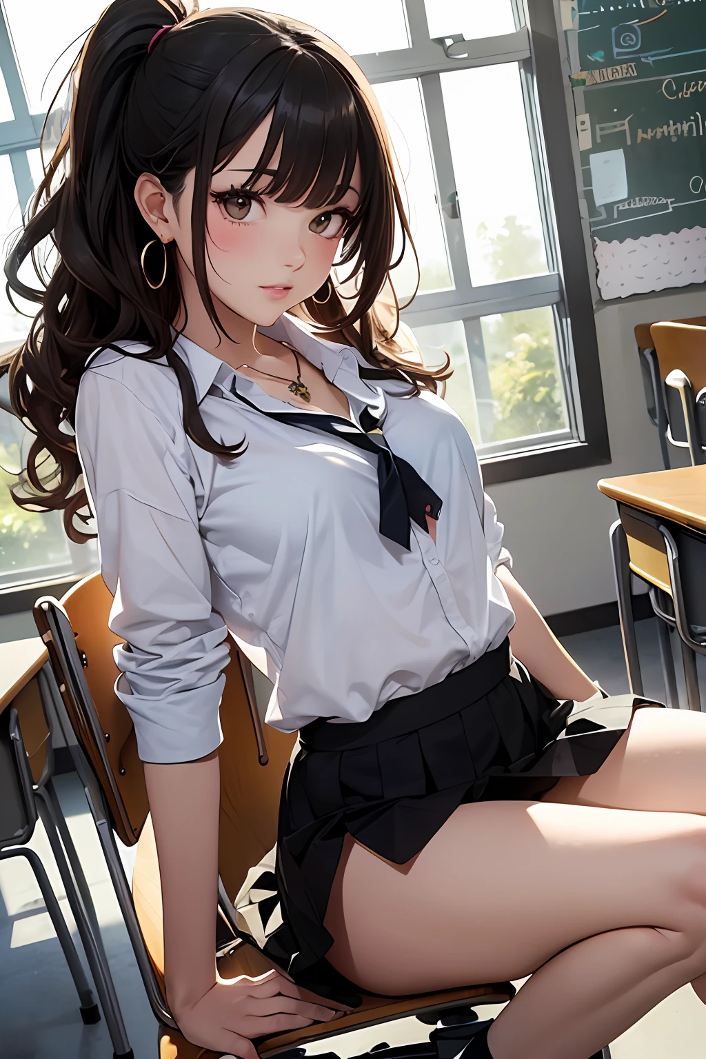 (Masterpiece: 1.3), (Maximum resolution: 1.2), (Ultra HDTV: 1.2), Cinema light, Ultra HDTV, (Detailed eyes and skin), (Detailed facial features), HDR, 8k resolution, Sharp Focus: 1.2, Perfect style, beautiful face, accurate, anatomically correct, highly detailed face and skin texture, detailed eyes, brown eyes, double eyelids, thin eyebrows, glitter eyeliner: 1.2, natural cheeks, glossy skin, fair skin: 1.2, shiny little necklace and earrings, (glossy lips: 1.4), BREAK, first-person-view, Wearing a High school uniform, ((showing a little string panties:1.2)), (embarrassed:1.2), (blush:1.2), Innocent and Cute girl, (ponytail in high position, wavy hair, hair of white and some colors, bangs flowing diagonally), medium long hair, (Full body shot: 1.2), focus on face, ((Very intimate relationships: 1.2)), (medium large breasts), (((In the classroom: 1.2)), ((Sitting on the school chair with one's legs crossed:1.4)), (looking down at viewer)), (from below),