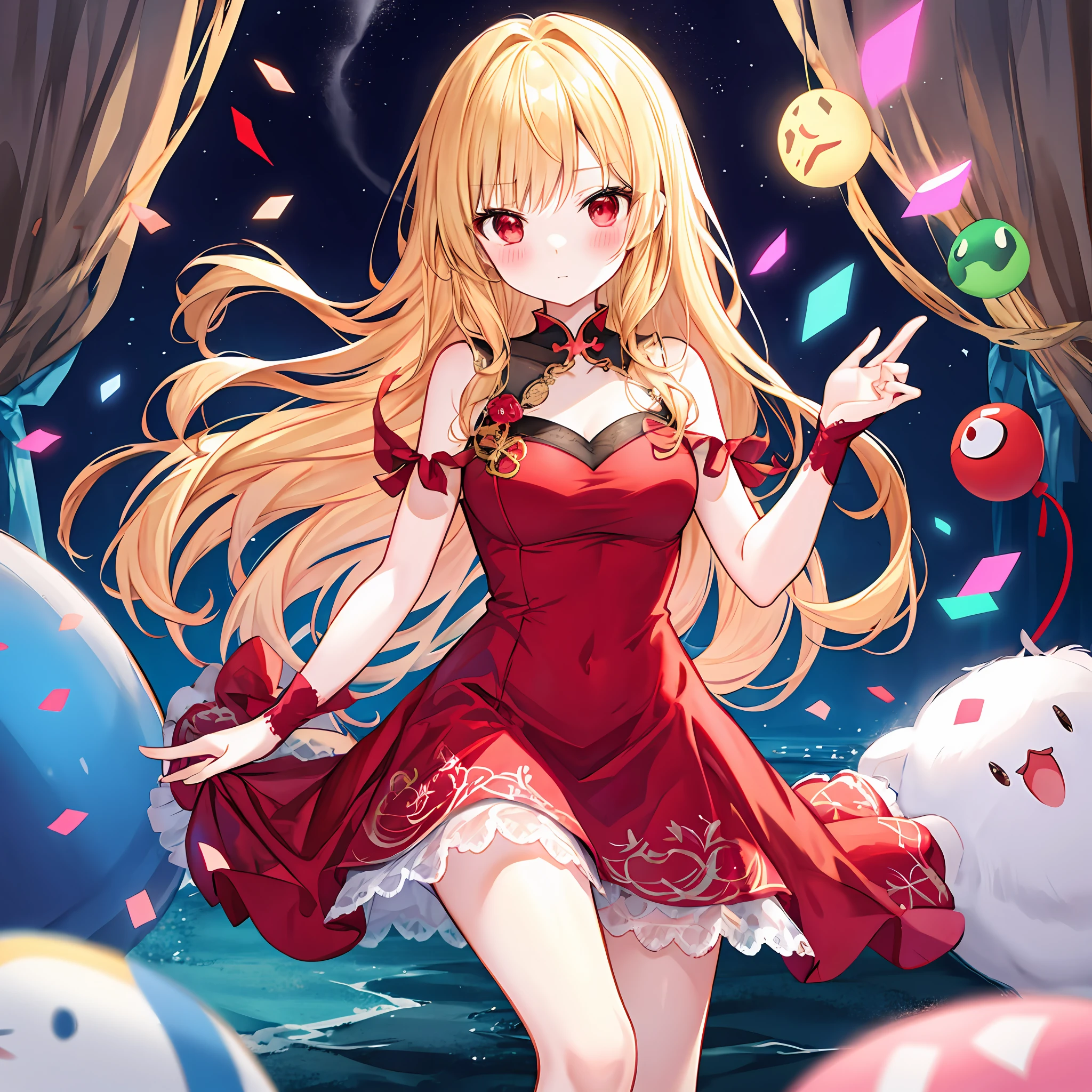 red blush、Wavy blonde hair、red eyes、Beautiful girl alone、animesque、独奏、Party Dresses、lonely