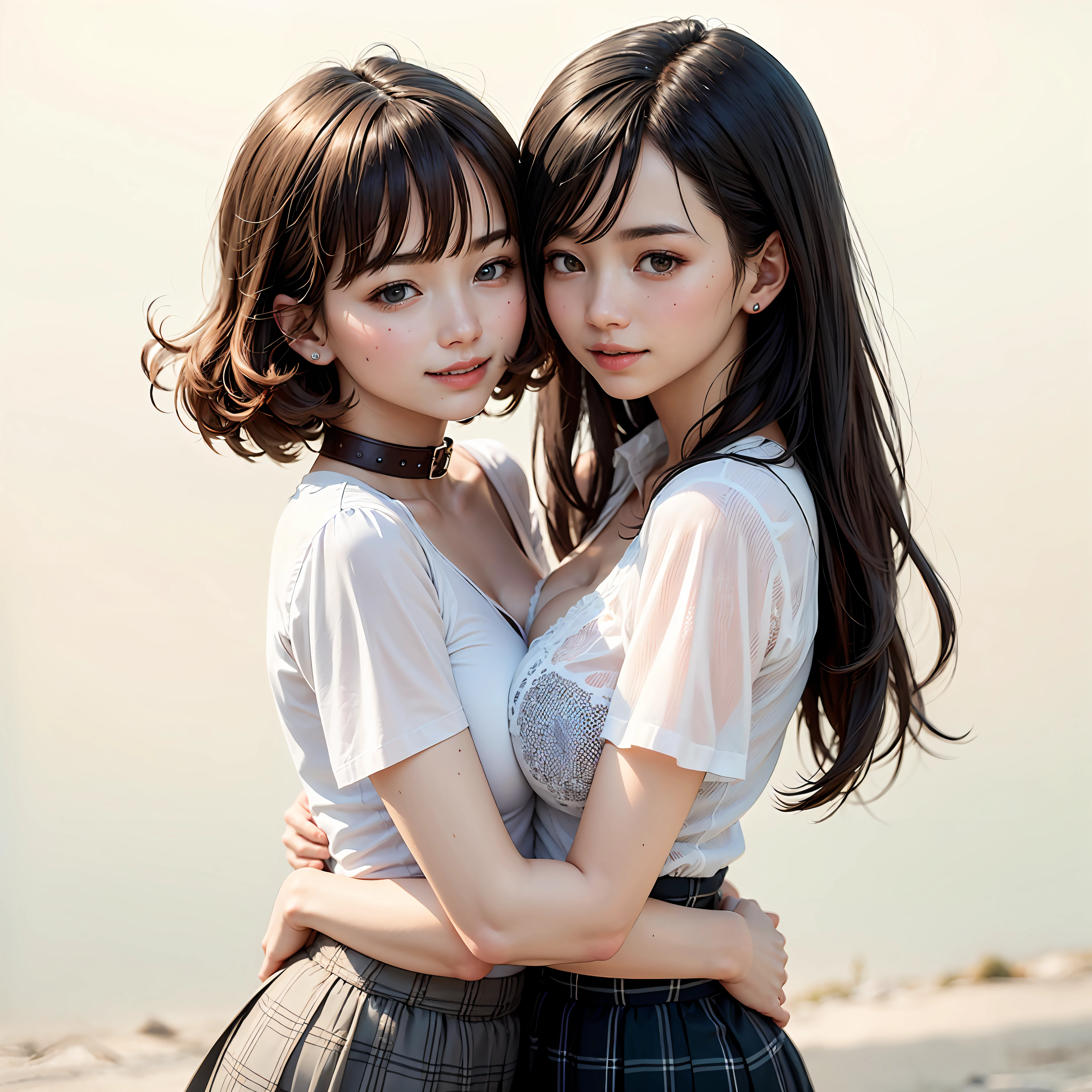 Two people facing each other and hugging happily、Two people hugging each other happily、Two people hugging each other tightly、Two people put their cheeks together、Two people touching cheeks with cheeks、Both of them are staring at the camera slightly above、Look firmly at the camera、Lesbian couple、Lily couple、((Bring your cheeks together、30-years old、Both supermodels are 190cm tall、high-angle、Look up at the camera at the top、Straighten your back))、Two pretty and pretty girls、masterpiece、top-quality、realisticlying、realisitic、Seductive bright smile、Both of them have short clean hair with bangs、Both have bangs、bangss、Both have short hair、Both have pretty hair with bangs、Short sleeve white shirt with collar、White shirt with collar、(Plaid pleated skirt)、enticing eyes、Both have very large breasts、very Bigger breasts、Big ass、big breasts thin waist、(cleavage of the breast)、(Immaculate white background with nothing really)、ighly detailed、Very tall、neck long、the neck is long、Straighten your back、Put your ears out、Highlights in the eyes、lipgloss、glowy skin、White-colored skin、Clean collarbone、closes mouth、Close your mouth and smile、Happily、Nice proportions、lovely、Charming and endearing、Colorful random collar shirt、Colorful random color skirt、Do not add shadows、No shadows、No shadows on the face、natural soft light、natural soft light、Gentle light、A little wind blows、Slightly affected by wind、Hair fluttering in the wind even a little