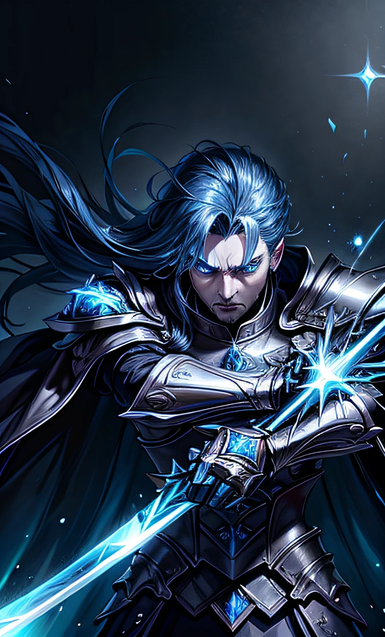 Close-up of a man holding a long sword, Official Splash Art,Splash Art, Wallpaper splash art gives a coldness、haughty、mystical feeling，He wore a black robe and armor，The hair is also black，The eyes are crimson，As if revealing the pain and anger in his heart。He had heavy hand armor on his arms，The armor on both shoulders glows blue particles，Holding a long knife that emits sharp blue light。character splash art, iconic character splash art, , Extremely detailed Artgerm,