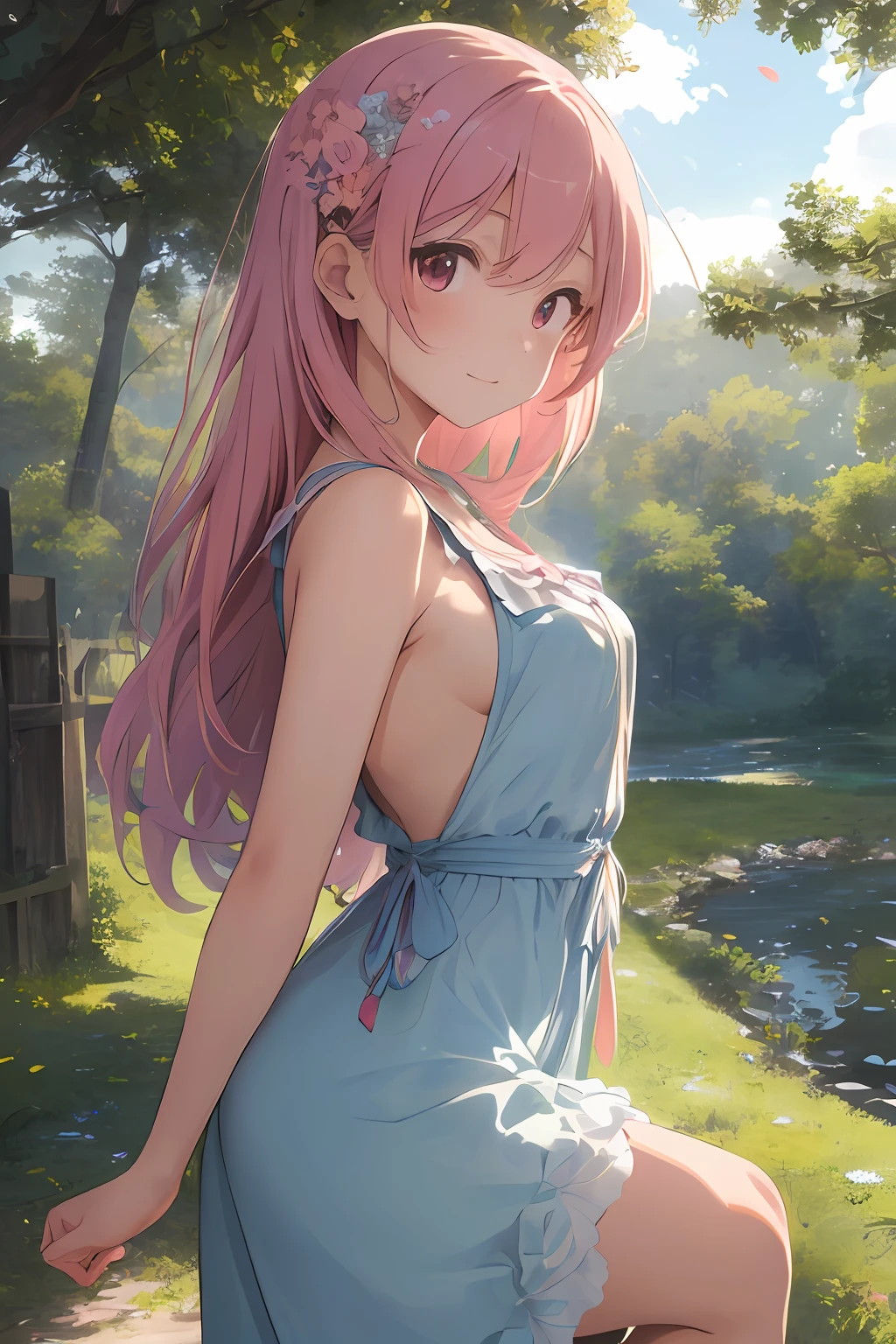 (​masterpiece、realisitic:1.4)、(very intricate:1.2)>、Close Shot、portlate、((Super pastel))(The upper part of the body:1.2)、(from the front side:1.3)、191971 dresses、backless dress、(Longer dress:1.2)、(Very long hair)、A smile、breastsout、bare shoulders​、Skysky、(flower  field)、(Confetti)、Eau、looking at the viewers、Italian、tilt of the head、the wind、​​clouds、sunlights、1girl in、独奏、Pink hair、BREAK、ciinematic light、超A high resolution、8KUHD、film grains、perfect anatomia、Exquisitely detailed skin、 Best Shadows、Delicate、raw、hight resolution、Precise background、(Natural forest in the background)、(breastsout)Protrusion of