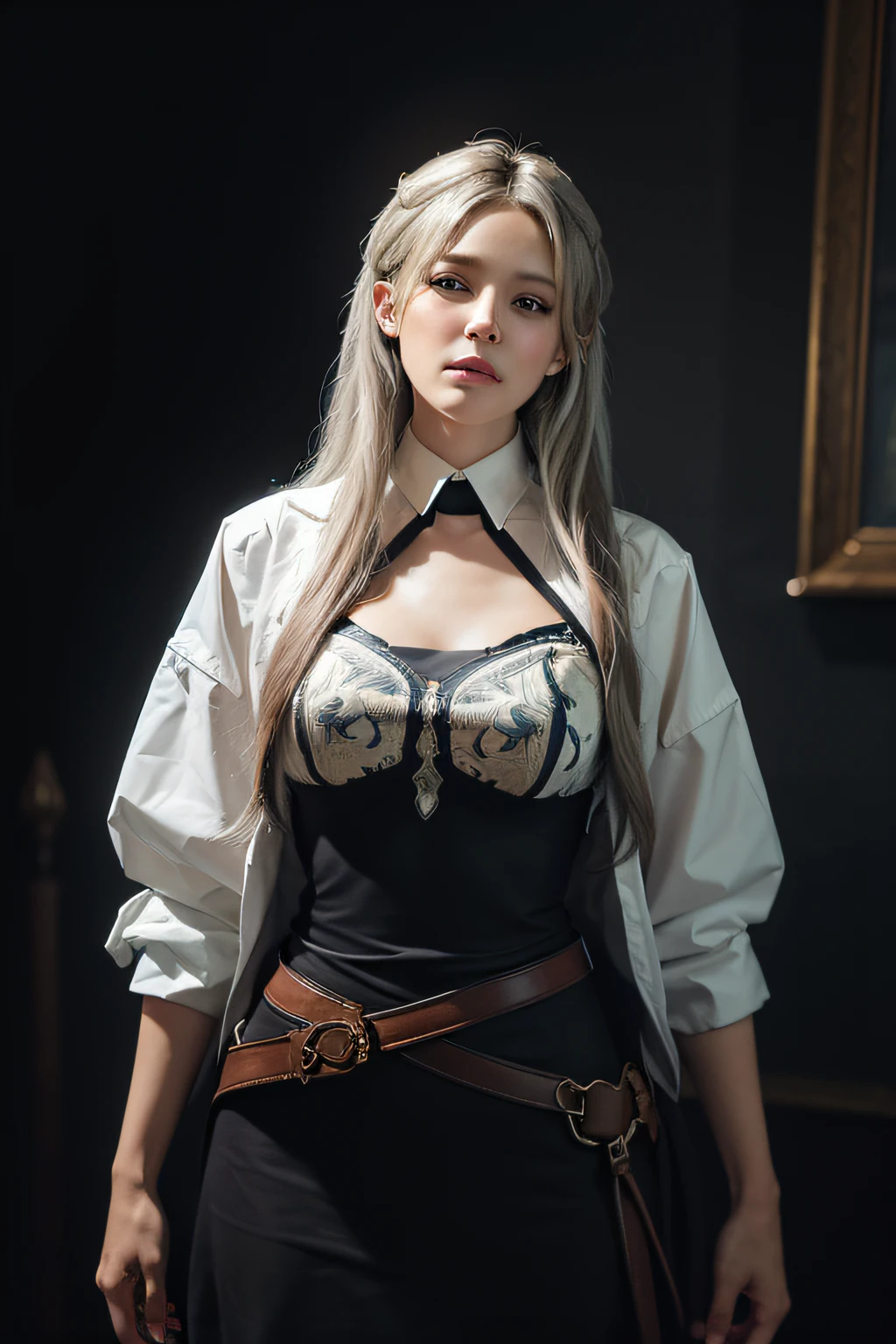 Hyperrealist portrait of female by david hockney and alphonse mucha,fantasy art, photo realistic, dynamic lighting, artstation, poster, volumetric lighting, very detailed faces, 4 k, award winning,, 1girl, in the dark, deep shadow, low key,cowboy shot,(official clothing:1.4) ,long hair,white hair,