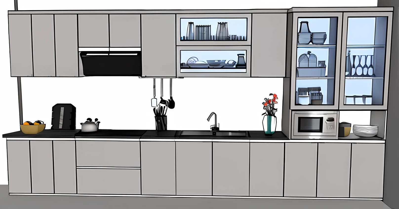 a rendering of a kitchen with a sink, and a microwave, kitchen, small kitchen, 2 d render, minimal kitchen, sketch - up, orthographic 3d rendering, 3d design, 3 d design, kitchen counter, cad, detailed 2d illustration, cabinets, comprehensive 2 d render, kitchen background, render 3 d, 3 d rendering, glass wings
