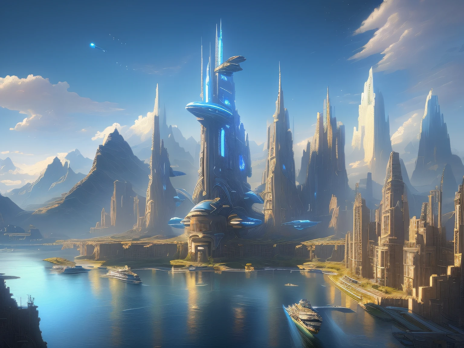 ((masterpiece)),((best quality)),((high detail)),((realistic,)) Hovering massive spaceship on a sci-fi port city, docking yard, steampunk_architecture, blue_sky, nebula in the background, clouds, mountains, picturesque scenery, skyscrapers