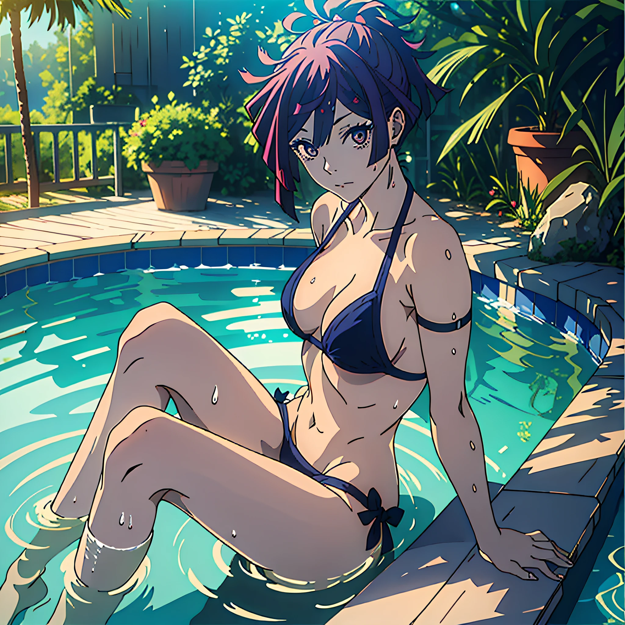 Yuzuriha in a tight skimpy two piece bikini in a swimming pool, (anime), (wet body), (masterpiece), (best quality), (ultra detailed), (disheveled hair), (1girl), sitting with legs open,looking at viewer, beautiful detailed eyes, delicate beautiful face, (high saturation), floating hairs, (shining), best lighting, best shadow