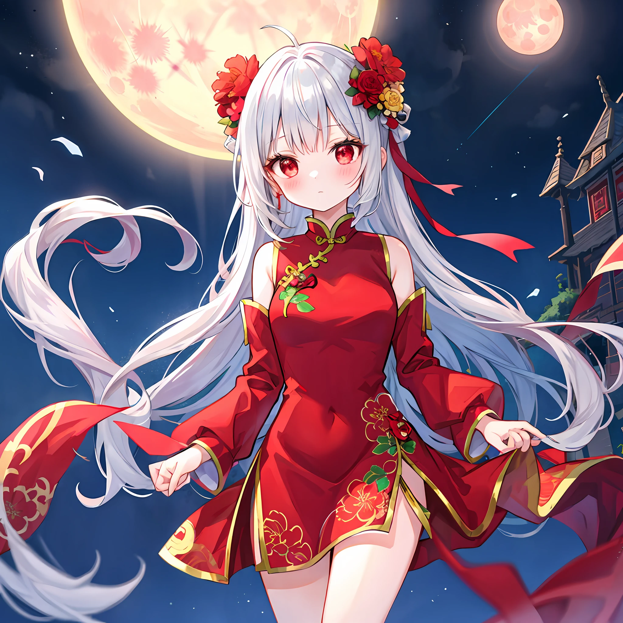 silver hair girl、red eyes、独奏、red blush、qipao dress、florals、a moon、natta、lonely