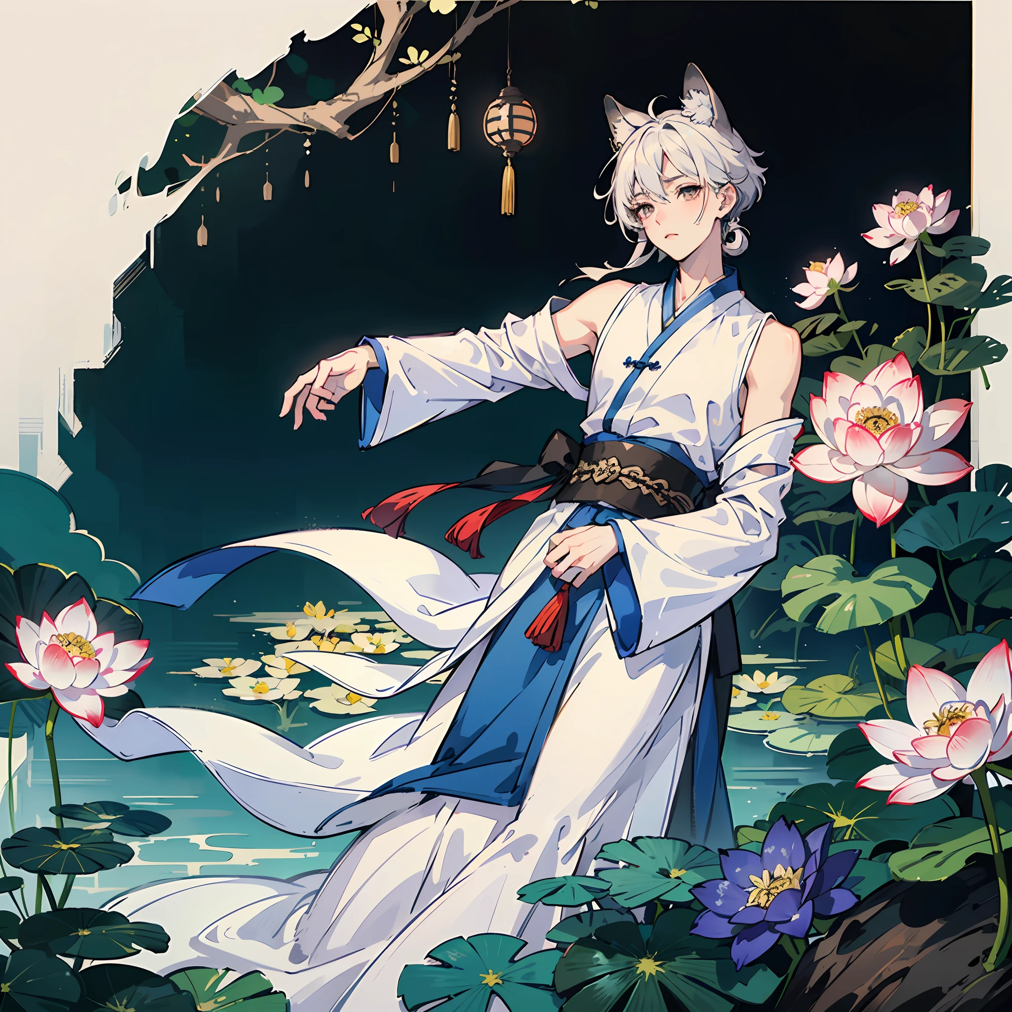 ((4k,masterpiece,best quality)), shuimobysim, Traditional chinese painting, lotuses, Hanfu, maxiskit, Dress open 1 boy, 独奏, White hair, fox ear, white colors, The fish, lots of fish near the boy, Just look at the audience,Tease oneeshota,Shoulders exposed --auto