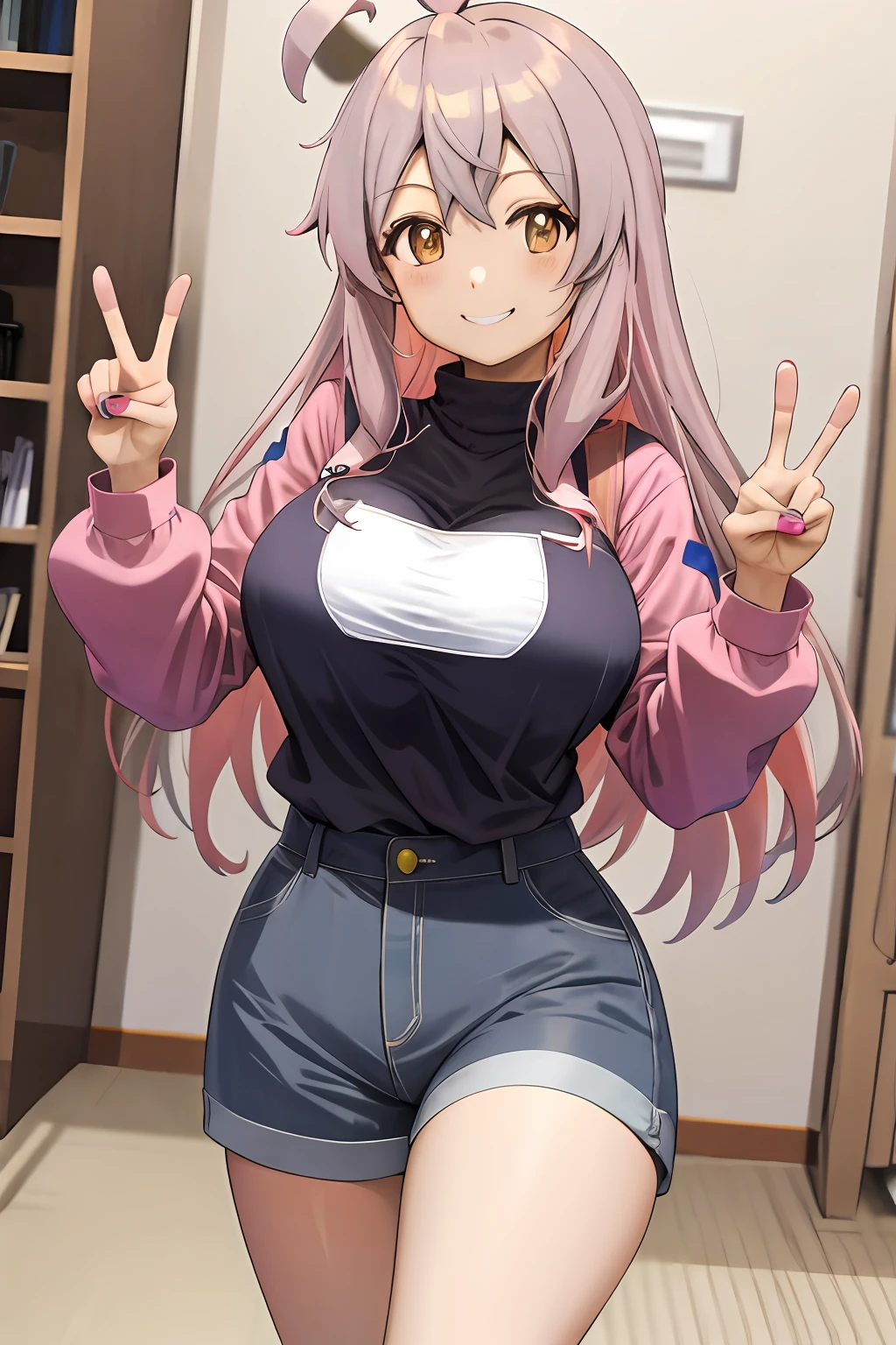 Anime Pink Hair Smile Big Tits Peace Sign