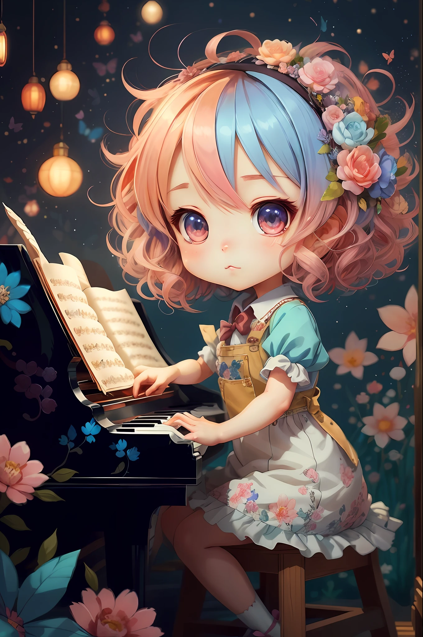Anime girl playing piano with flowers and butterflies on the background, cute detailed digital art, Lori, anime art wallpaper 4k, anime art wallpaper 4k, digital art on pixiv, nightcore, anime style 4 k, kawaii realistic portrait, Cute anime girl, Cute digital art, Stylized anime, artwork in the style of guweiz