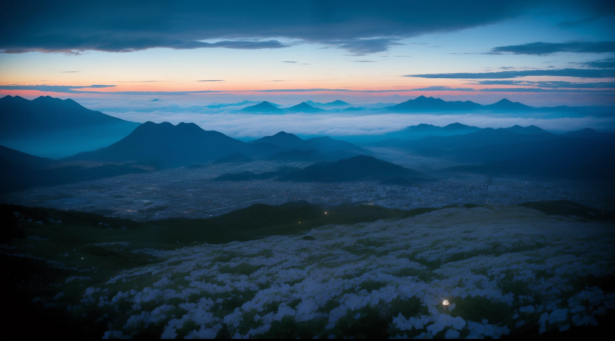 There are some clouds in the sky、A mountain with planes flying over it々, japan mountains, (myst), Before dawn, dusk setting, Foggy Mountains, dawn setting, night setting, foggy, by Etienne Delessert, myst, Detailed scenery, by Tadashige Ono, an indigo forest in japan, mountainscape, by Kiyohara Tama