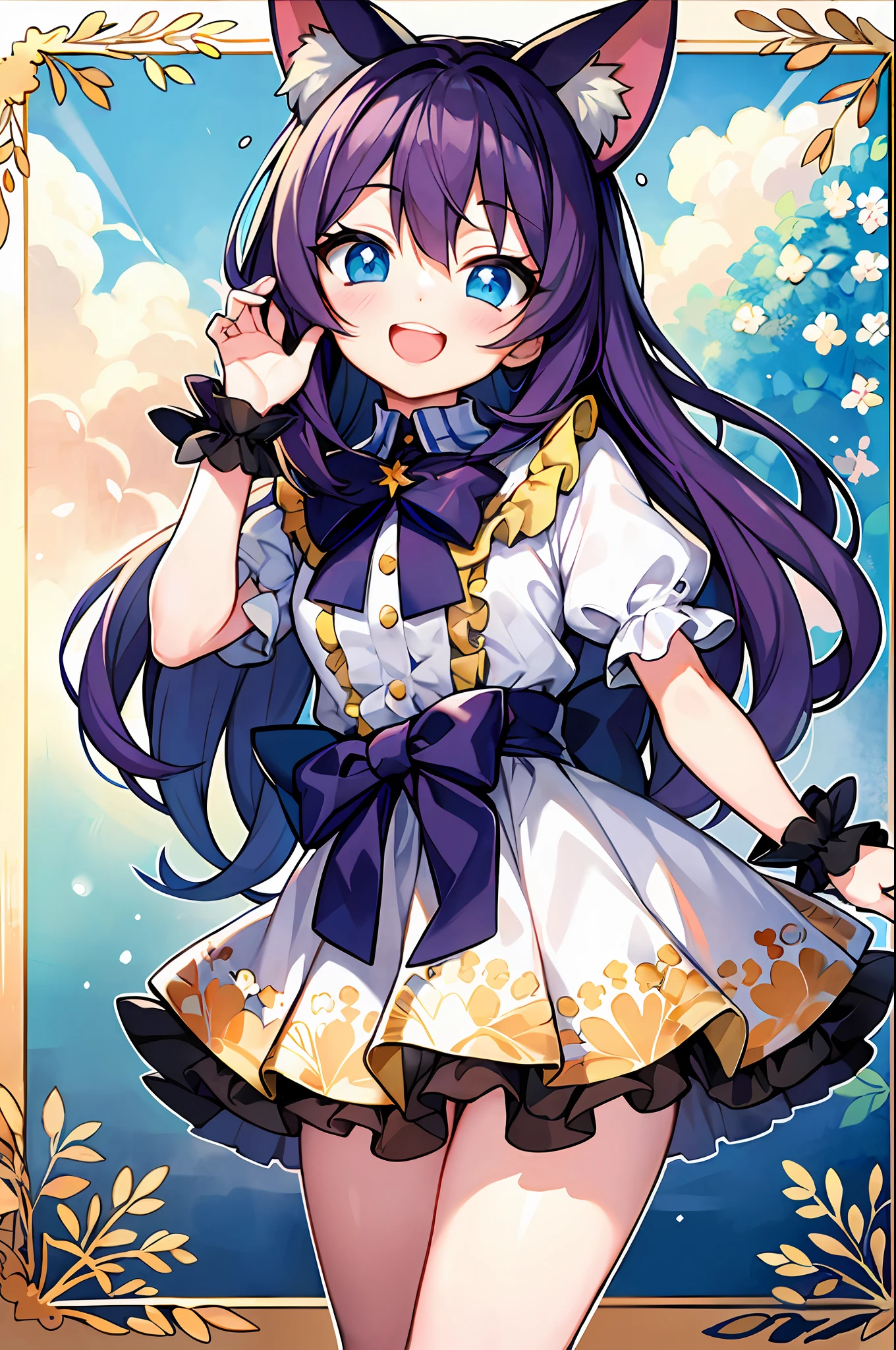 an anime girl、独奏、Yume Cute、Sickly cute、Harajuku、Head and body are low、PastelColors、Casual coordination、frilld、bow ribbon、Dynamic Poses、Lively impression、head to waist、A smile、Big eyes、Kitschy aesthetics、Details you may miss when flashing、Pastel background with fluffy motifs