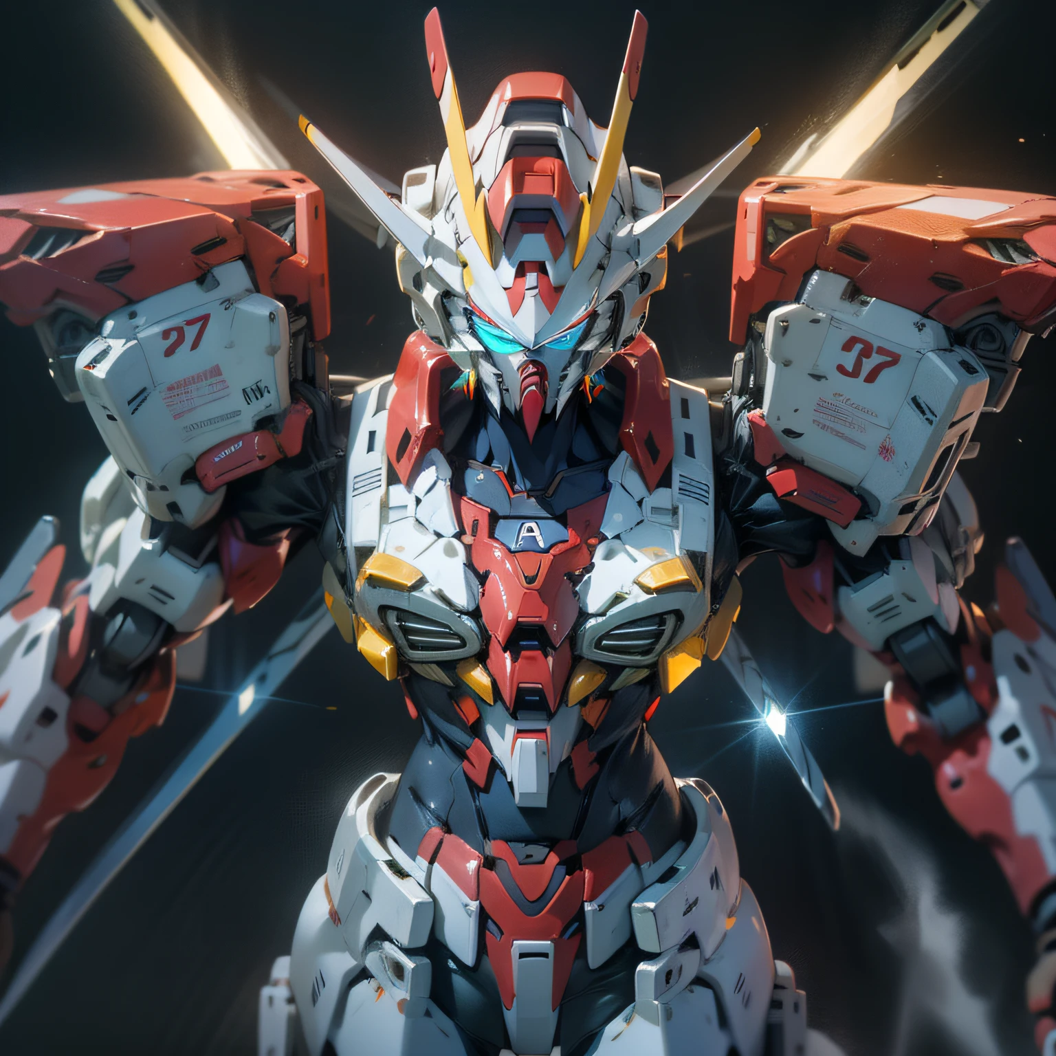 8K UHD, DSLR, Photorealistic, ultra realisic, Cinematic Lightning, high detailed, High Quality ,Robot full-body photography, Gundam Destiny, Evangelion, LEDs illuminate the eyes and chest.., Shining laser sword