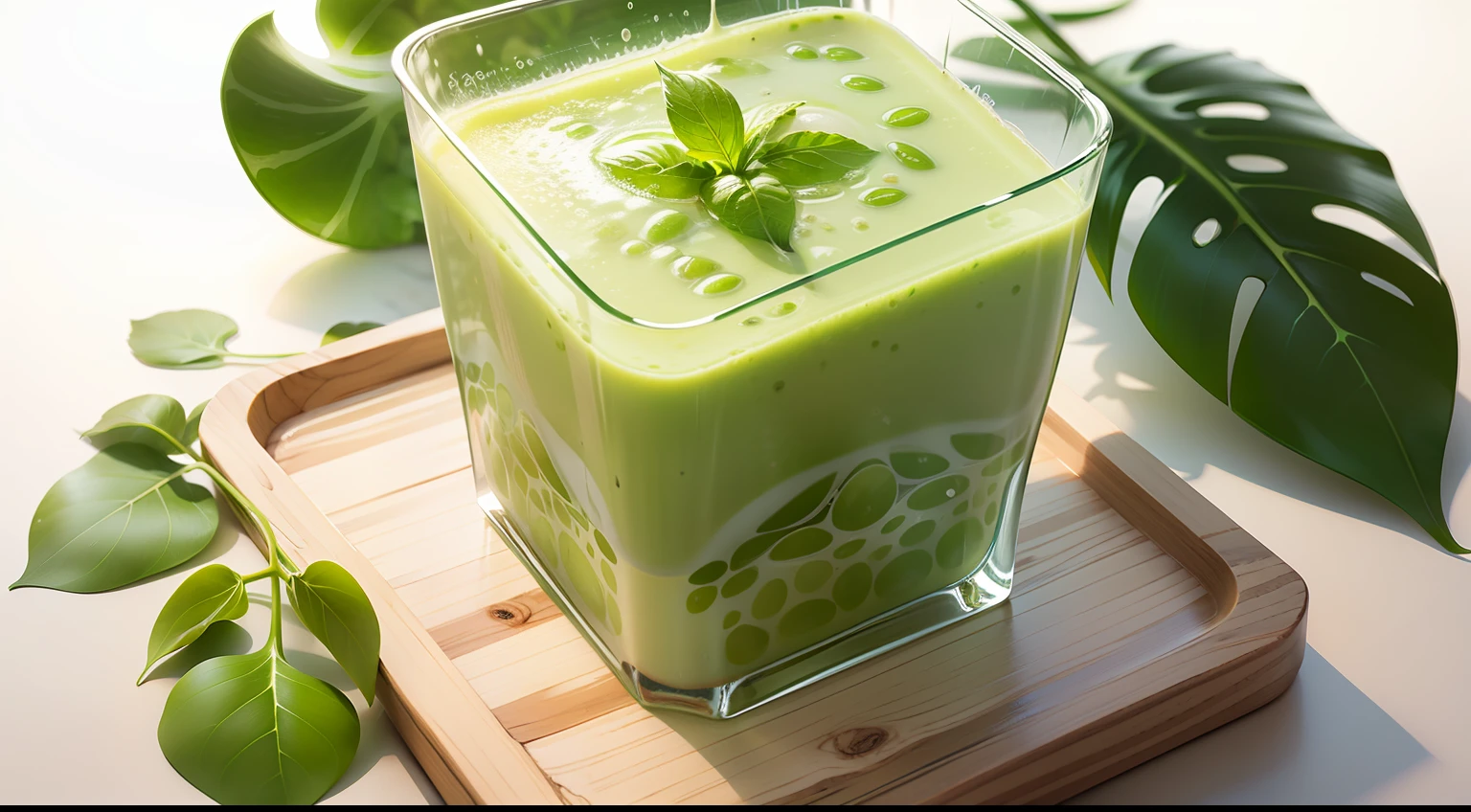 The square transparent box is filled with mung bean milk smoothie，，Simple and fresh background，Summer feeling，Enhances appetite，Spread the mung beans on the ground，Overall simplicity