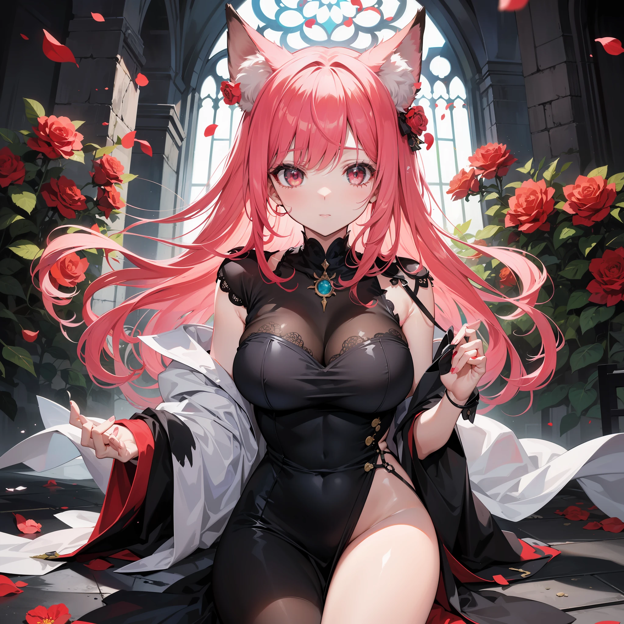 Hot Milf with perfect face docile cute and soft with pink hair and fox ears wearing ???? and long long black ball dress, corpo volumoso com busto e ????? enormes e volumosos, pupilas de raposa  com olhos brancos brilhantes, Abandoned cathedral with prickly roses and blood-stained floor, (ultra-detalhado), obra-prima, melhor qualidade,(((1 menina))), (belo rosto detalhado),(belos olhos detalhados),(????? enormes), Curvilinear, quadris largos, coxas grossas, ((matural female))