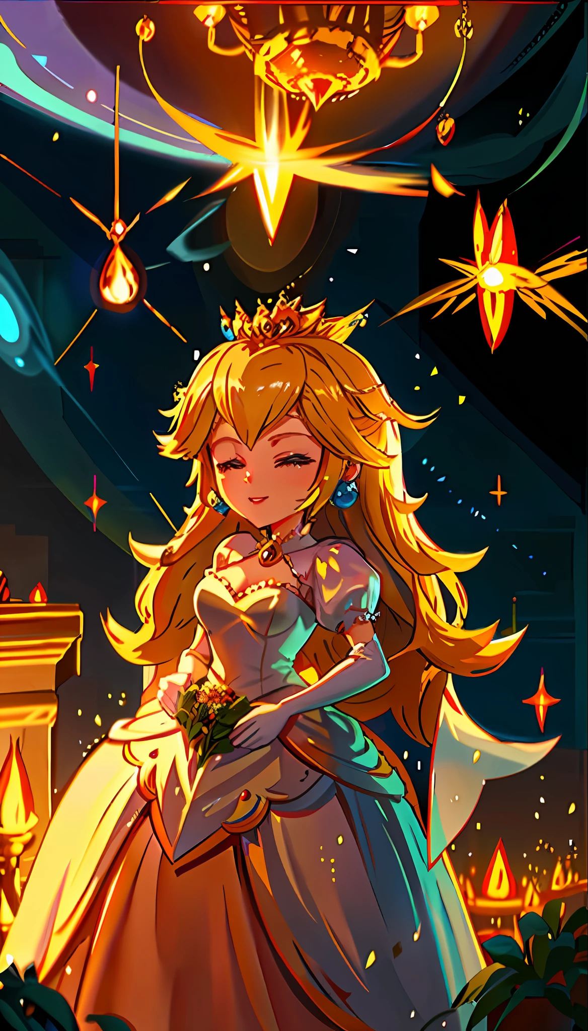 PrincessPeach, WeddingDress, large full breasts, A slight smile, LightningMagicAI, top-quality,