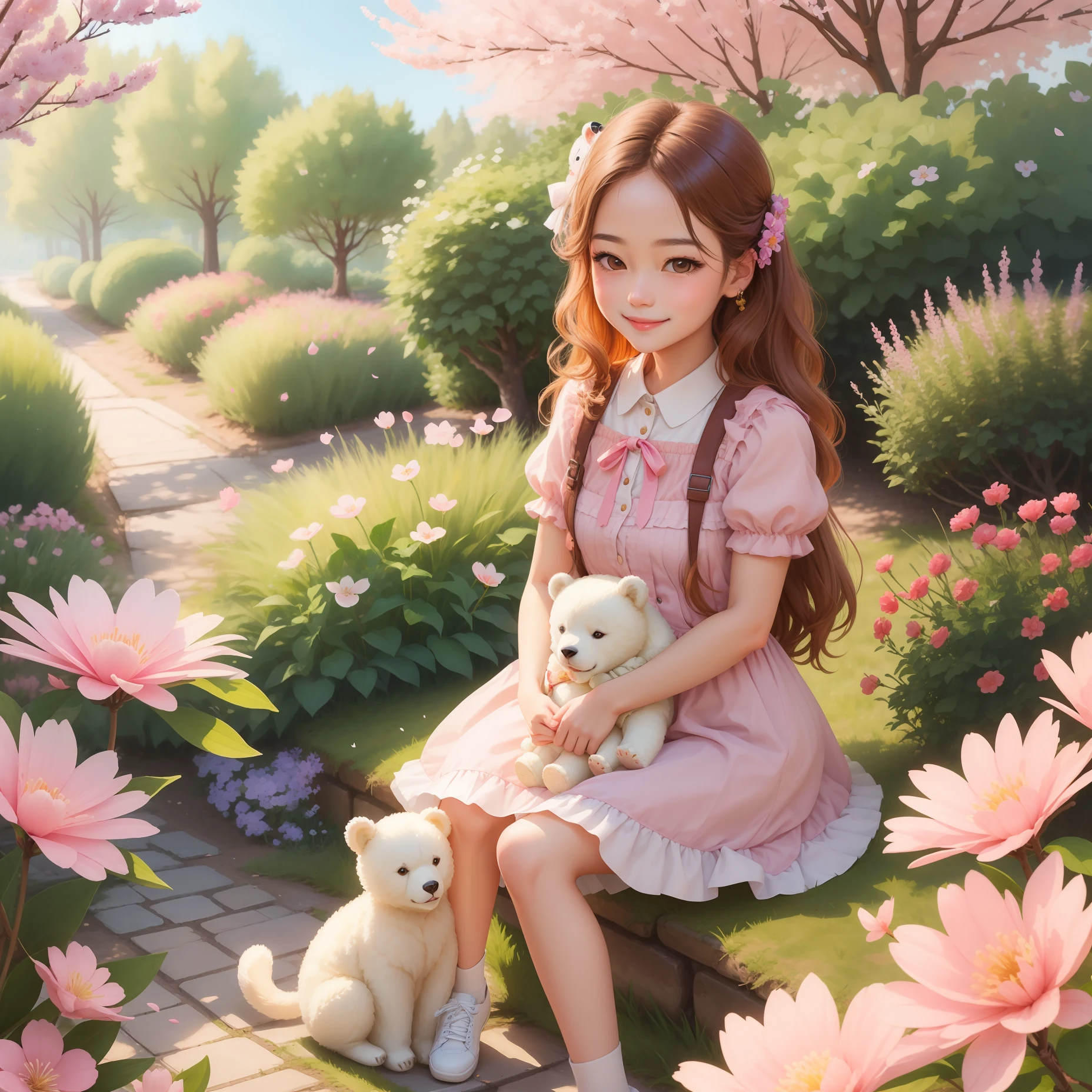A sweet smile girl,Sit under the cherry blossom trees,Holding a white bear doll,Comic style