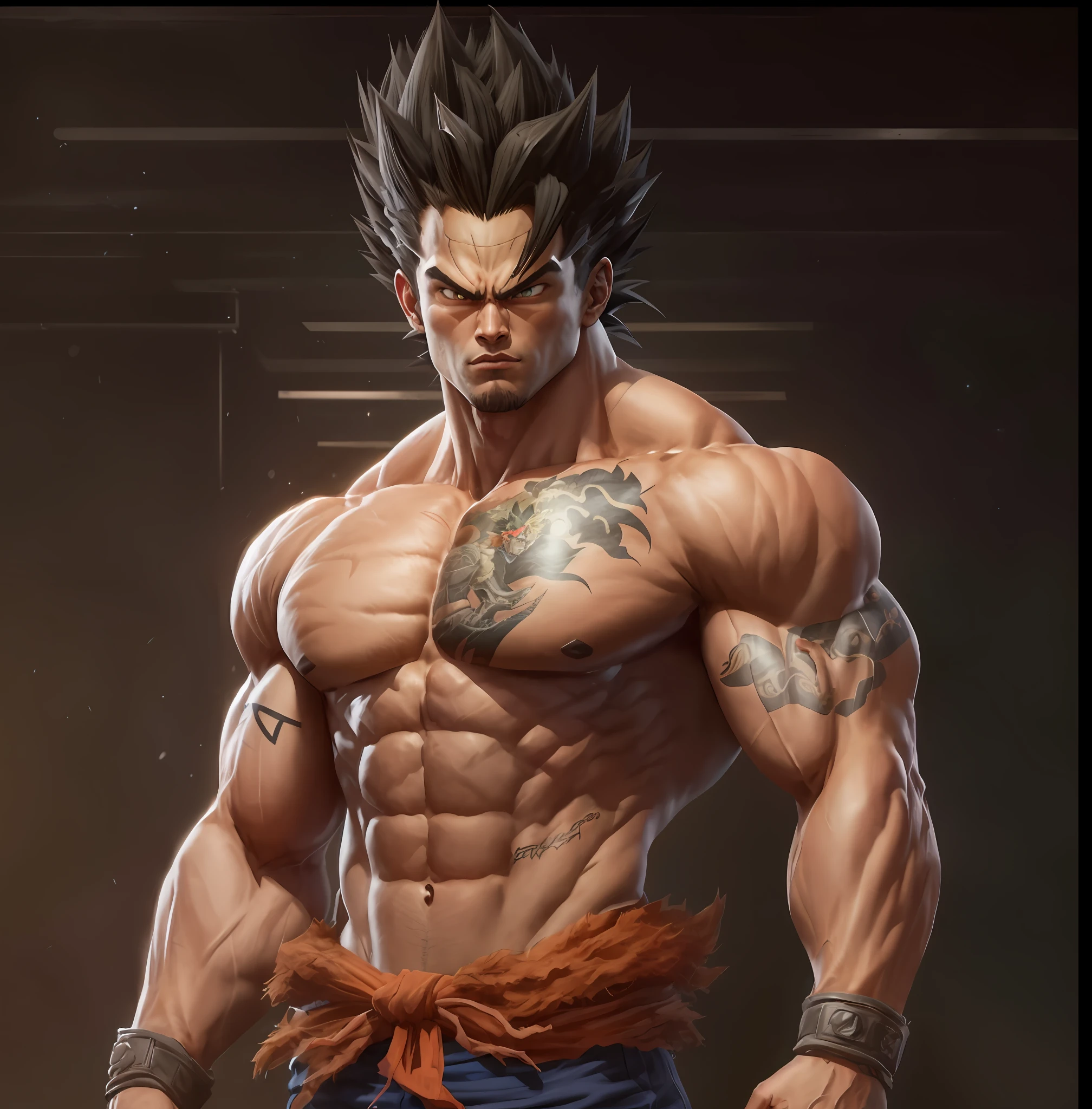 um close up de um homem com uma tatuagem no peito, Goku humano fotorrealista, como personagem em tekken, personagem de jogo de luta, Goku Humano, muscular character, son goku as the incredible hulk, goku as an asian man, Personagem Dragonball, Broly, caracteres musculares, TEKKEN 7, Estilo Akira Toriyama, Goku na vida real, Goku de Dragon Ball