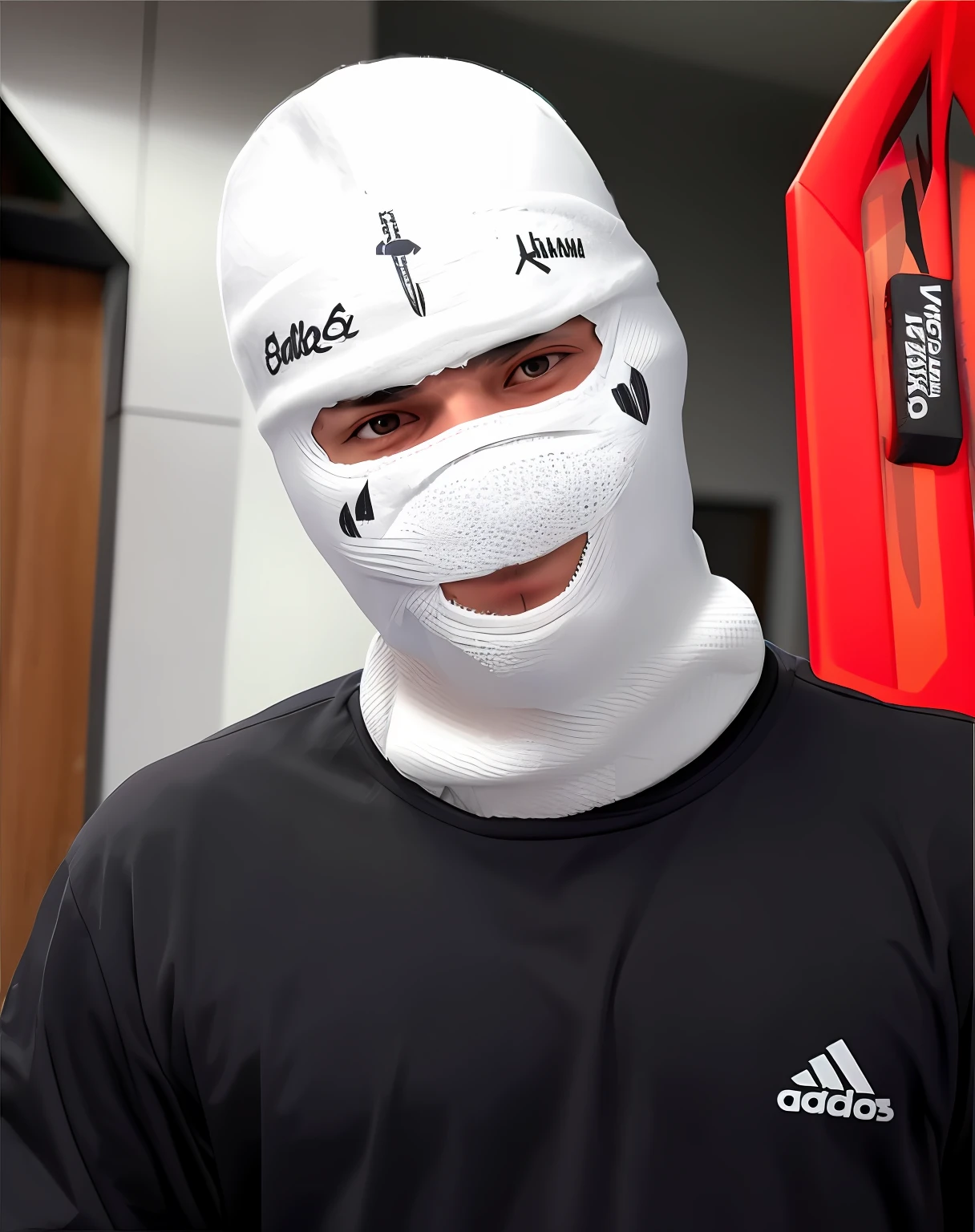 Arafed Man with a ski mask and a ski board in a room, balaclava, balaclava covering face, ski mask, balaclava mask, SkiMask, cold as ice! 🧊, balaclava, wearing bandit mask, mascarilla, inner mask mask, ghost mask, Blade de Drain Gang, white mask