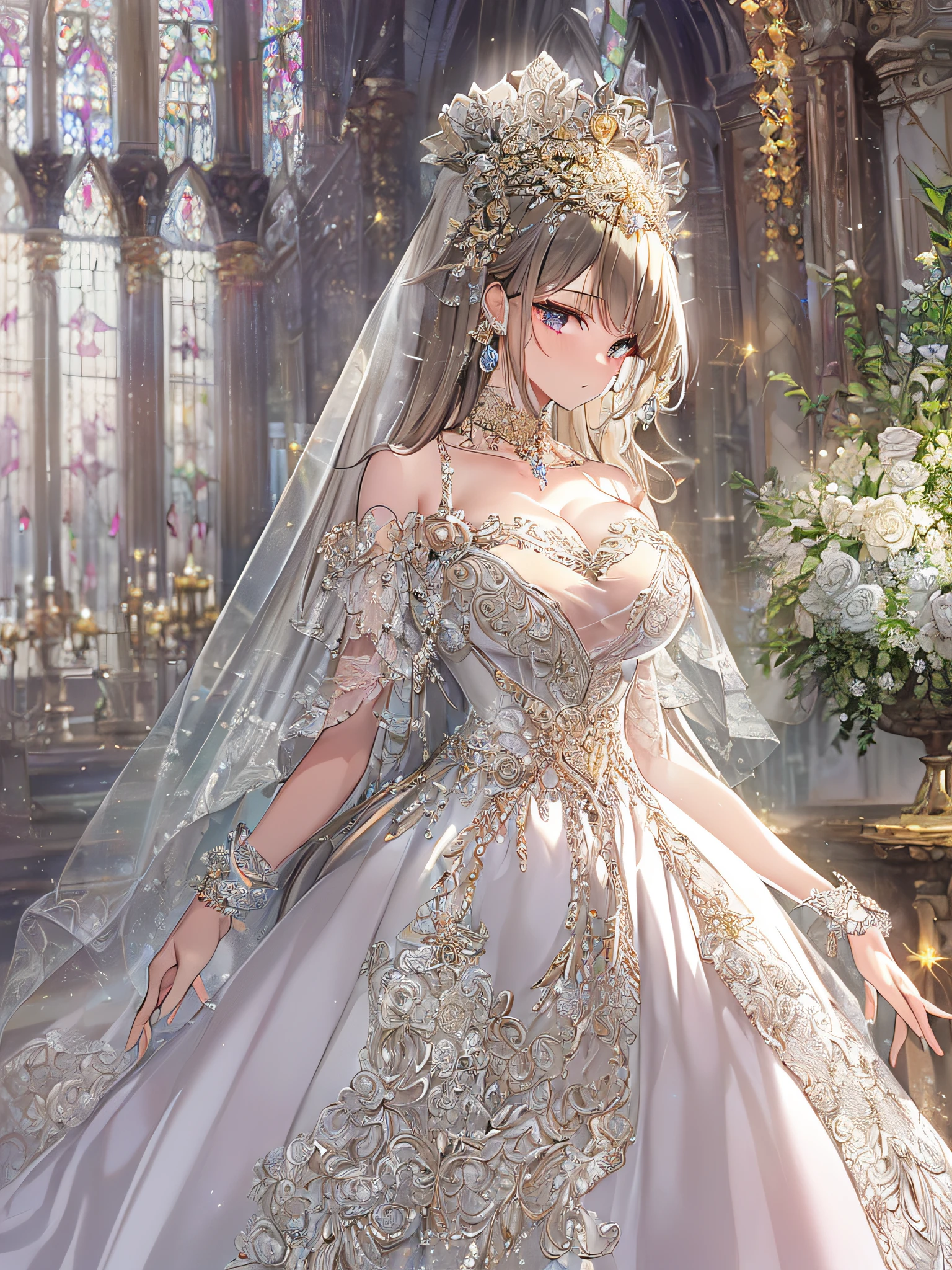 ((anime artstyle)),(Masterpiece),(Best Quality), (Super Detail),((Very Delicate and Beautiful)),Focus on character,Dynamic Angle,Looking at viewer,((Solo)),standing,((full body)),((one princess in gorgeousfull BlingBling wedding dress with voluminous skirt)),((BlingBling)),detailed face and eyes,jewel-like eyes,((Very Long voluminous Hair)),gorgeous embroidery and lace,((gorgeous corsage)),See-through,(Gorgeous BlingBling jewelry ornaments),luxury hair ornament,BlingBling luxury tiara with jewels,ornate ruffles,((gigantic breasts,Long breasts)),indoor,church wedding,((full body)),hoop skirt,crinoline,very long gorgeousfull wedding veil,(((jeweled gorgeous embroidery BlingBling wedding dress)))