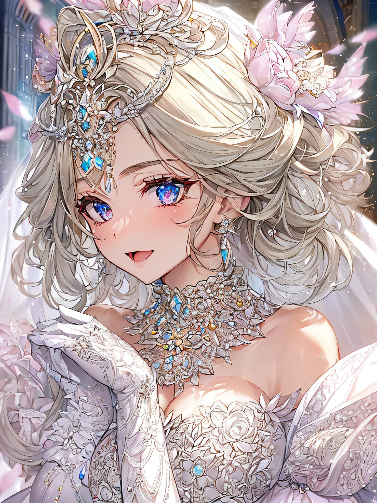 ((anime artstyle)),(Masterpiece),(Best Quality), (Super Detail),((Very Delicate and Beautiful)),Focus on character,Dynamic Angle,Looking at viewer,((Solo)),standing,((full body)),((one princess in gorgeousfull BlingBling wedding dress with voluminous skirt)),((BlingBling)),detailed face and eyes,jewel-like eyes,((Very Long voluminous Hair)),gorgeous embroidery and lace,((gorgeous corsage)),See-through,(Gorgeous BlingBling jewelry ornaments),luxury hair ornament,BlingBling luxury tiara with jewels,ornate ruffles,((gigantic breasts,Long breasts)),indoor,church wedding,((full body)),hoop skirt,crinoline,very long gorgeousfull wedding veil,(((jeweled gorgeous embroidery BlingBling wedding dress)))
