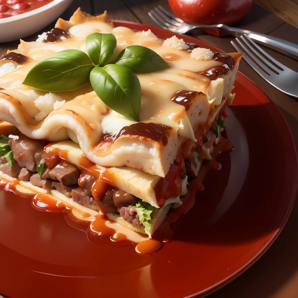 um close up de uma lasanha com carne moida cozida e vermelha e queijo em um prato, lasanha, massa, delicioso, olhar para a frente horizontalmente,hiperrealista,8K分辨率 --auto