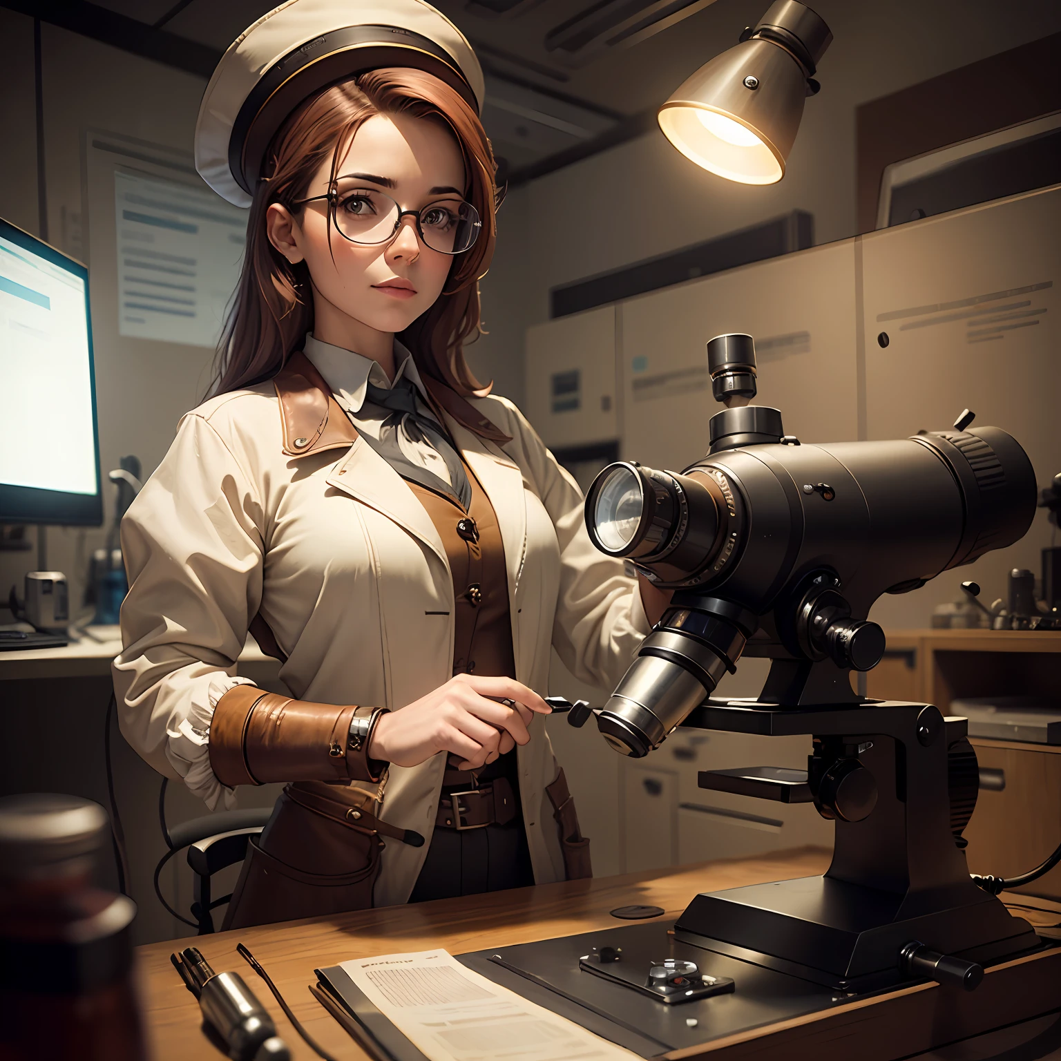 A scientist in front of a microscope, tudo no estilo steampunk, partes em cobre, laboratory --auto