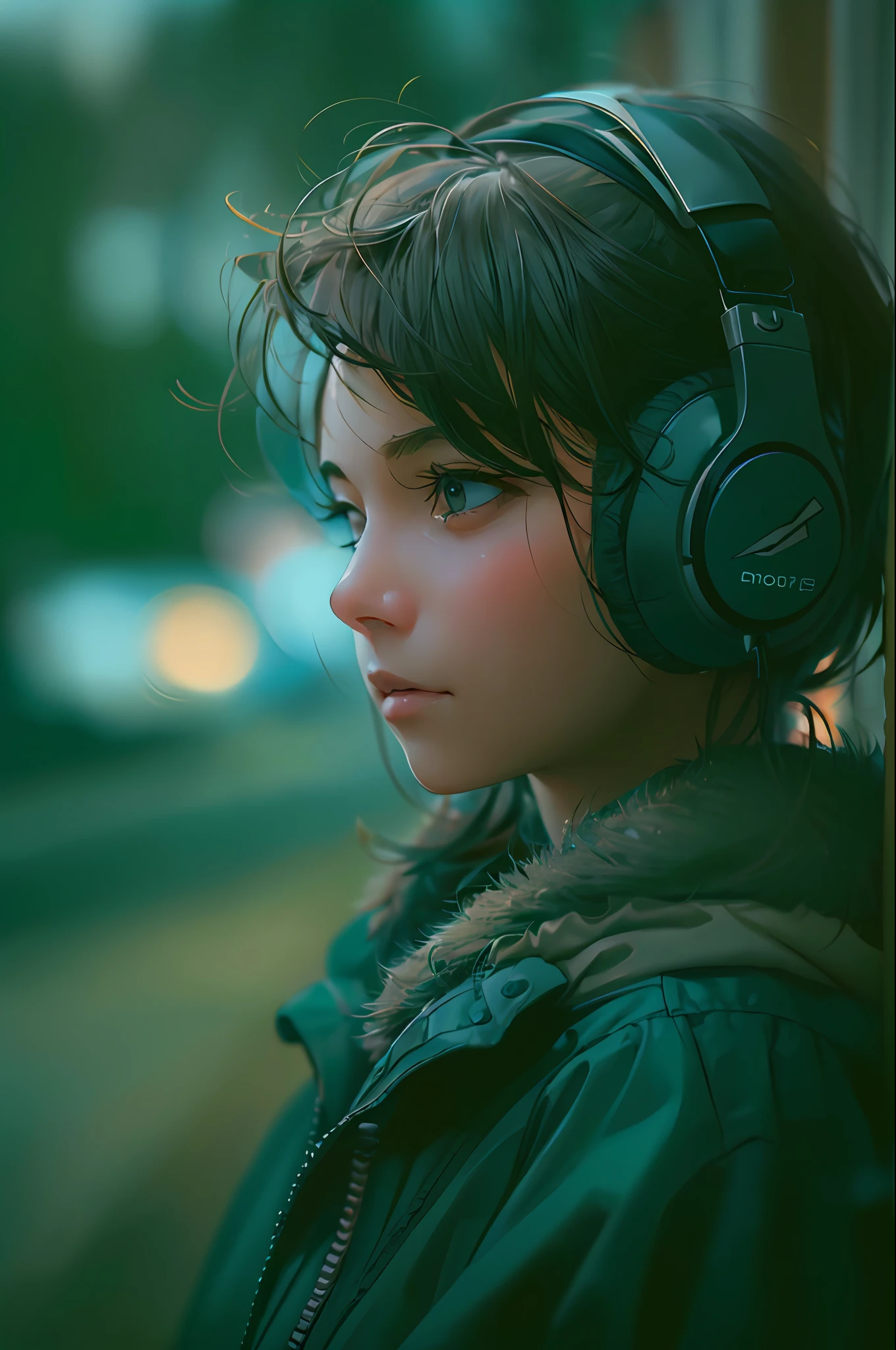 Cinematic portrait photography, 1girl,short hair, serene, calm, (realistic detail eyes, natural skin texture, realistic face details), soft dramatic lighting, depth of field, bokeh, vibrant detail, fine detail, surreal, 35mm film, hazy blur, film, headphones, storm suit