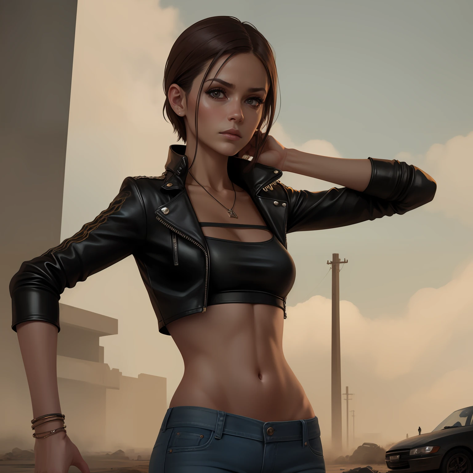 A portrait image of a young, skinny woman with small breasts, dressed in a trendy jeans crop top and leather jacket, gracefully posing amidst the desolation of a dystopic environment filled with abandoned cars and overgrown vegetation. The photograph showcases her ultra-realistic features under soft diffused lighting that brings out every intricate detail.