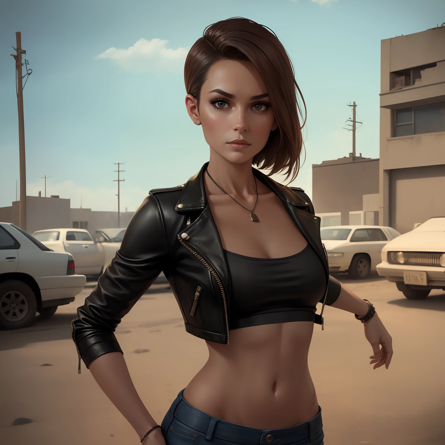 A portrait image of a young, skinny woman with small breasts, dressed in a trendy jeans crop top and leather jacket, gracefully posing amidst the desolation of a dystopic environment filled with abandoned cars and overgrown vegetation. The photograph showcases her ultra-realistic features under soft diffused lighting that brings out every intricate detail.