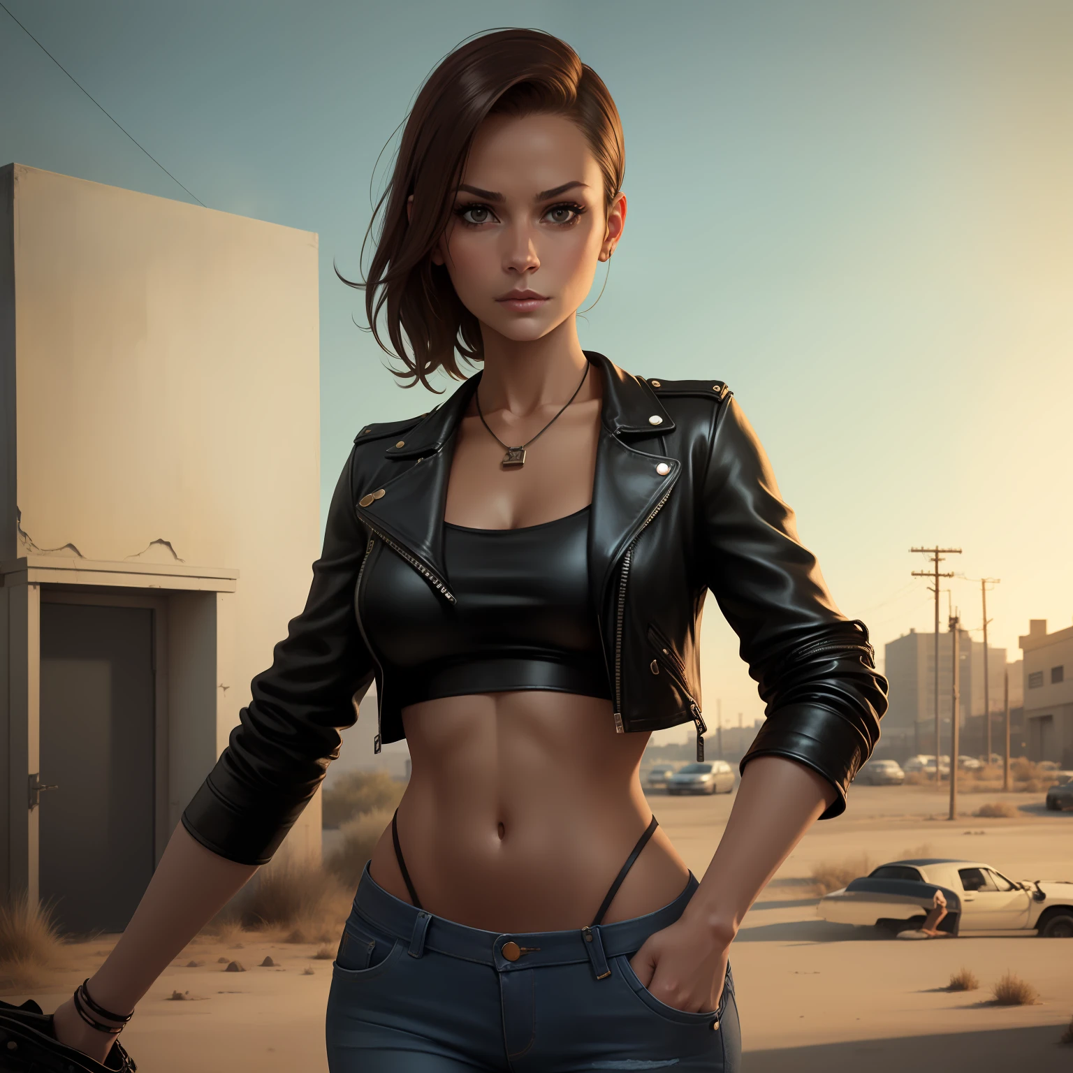 A portrait image of a young, skinny woman with small breasts, dressed in a trendy jeans crop top and leather jacket, gracefully posing amidst the desolation of a dystopic environment filled with abandoned cars and overgrown vegetation. The photograph showcases her ultra-realistic features under soft diffused lighting that brings out every intricate detail.