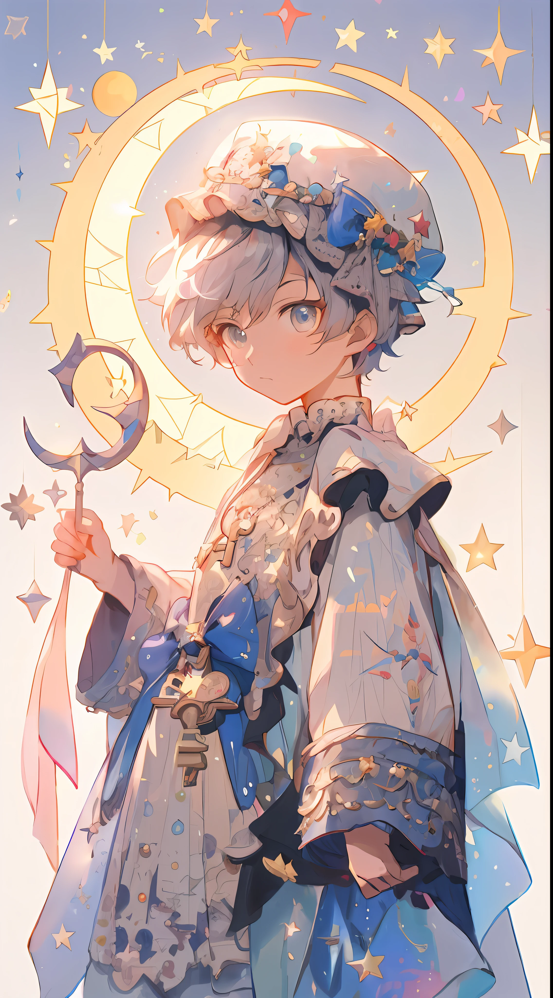 Anime boy with blue dress and hat with star, detailed fan art, zerochan art, Detailed key anime art, Trending on ArtStation pixiv, Portrait of a magical boy, beautiful celestial mage, highly detailed exquisite fanart, guweiz on pixiv artstation, Key Anime Art, lunar themed attire, high detailed official artwork, Anime Illustration, zerochan