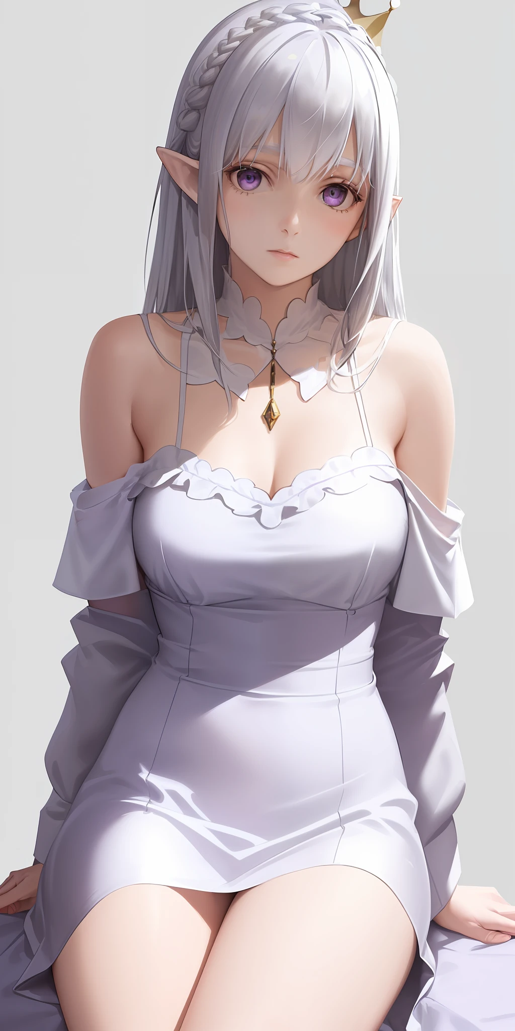 best quality,highly detailed,masterpiece,ultra-detailed,(realistic:1.2), 1girl,(white background),simple background,Delicate eyes,silver hair, purple eyes,hair_ornament,(white off-shoulder shirt:1.3),long hair,pointy_ears,crown_braid,expressionless,Straight hair,(++sitting:1.2),  large breasts,