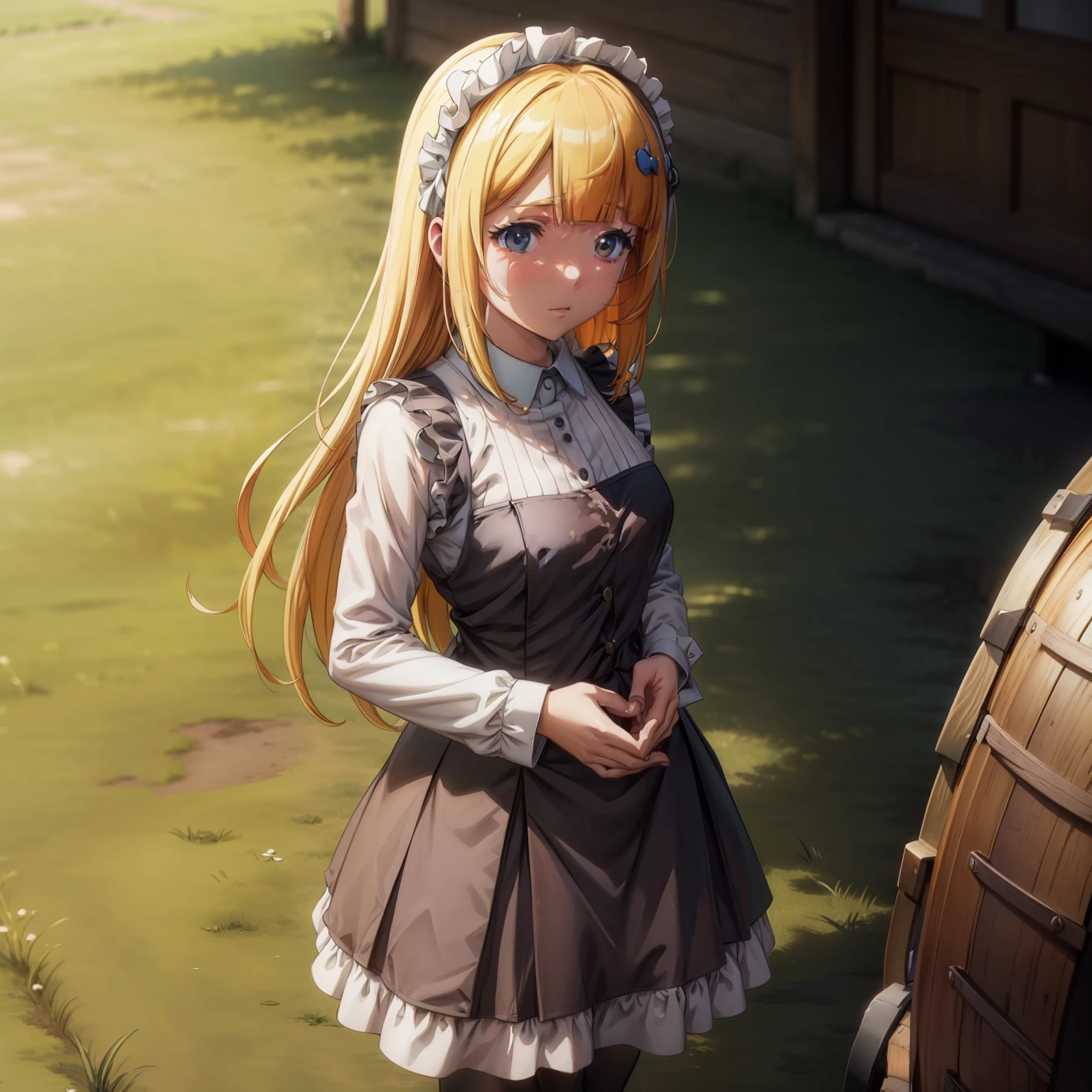 Anime girl in maid outfit standing next to a barrel, **** in dress, anime girls in maid costumes, small curvy ****, painted in anime painter studio, artwork in the style of guweiz, Cute anime waifu in a nice dress, maid clothes, Smooth Anime CG Art, a hyperrealistic schoolgirl, made with anime painter studio, guweiz