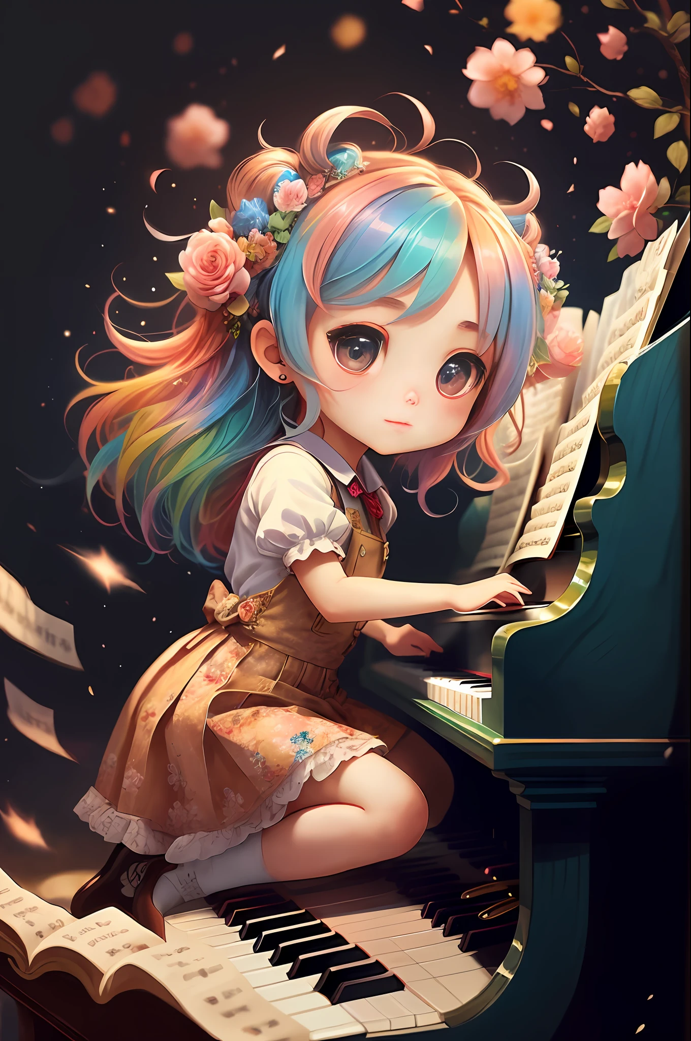 Girl playing the piano、florals、charicature、Chibi、realisitic、art by、explosions、
yang08k、a picture、Beautiful fece、colourfull、realisitic、
​masterpiece、top-quality、top-quality、Official art、Beautifully Aesthetic、