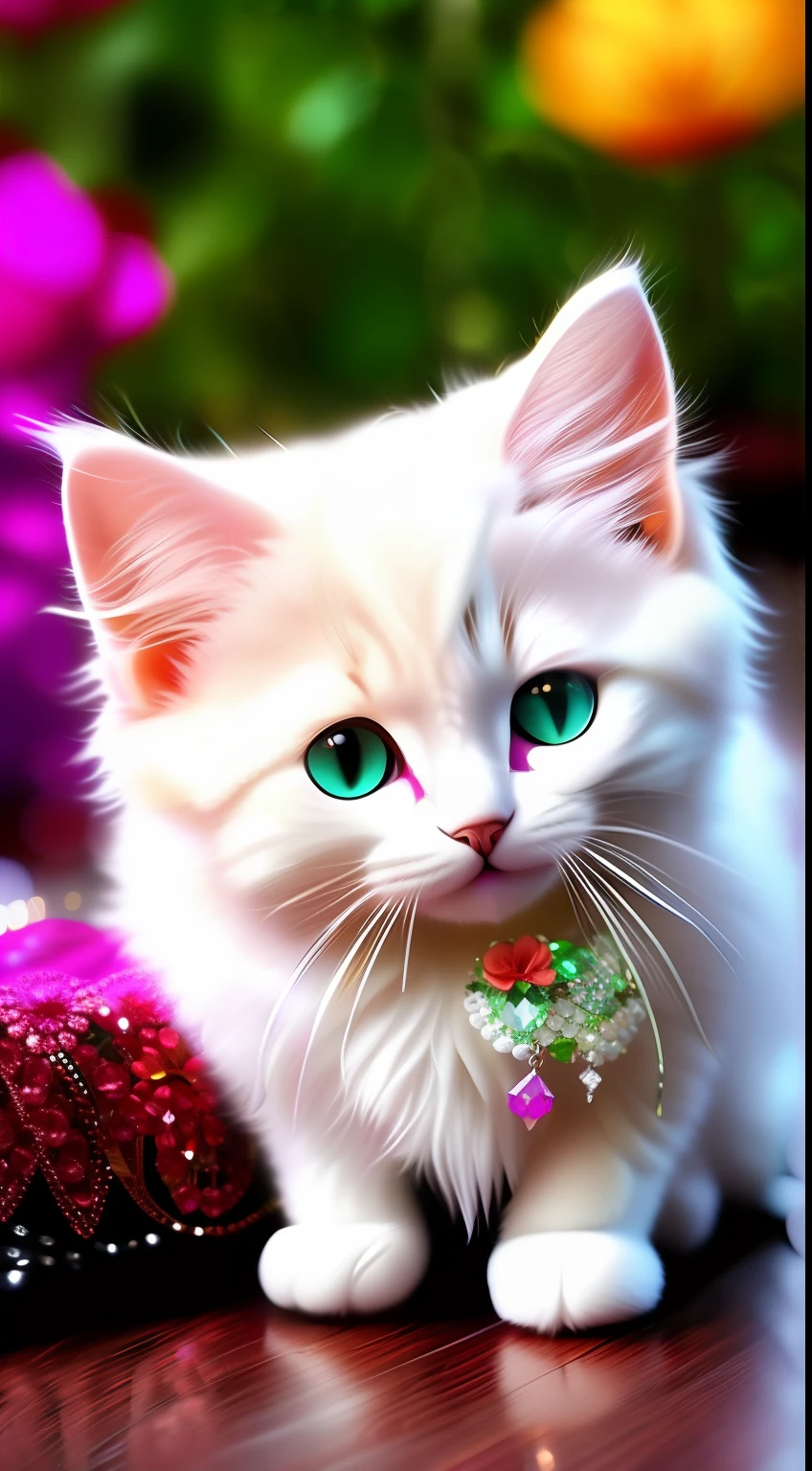 A white-haired kitten, shaggy,sparkle eyes,Jewelry and flowers in the background,ssmile,Funny,Left,Round box,Catstravaganza
