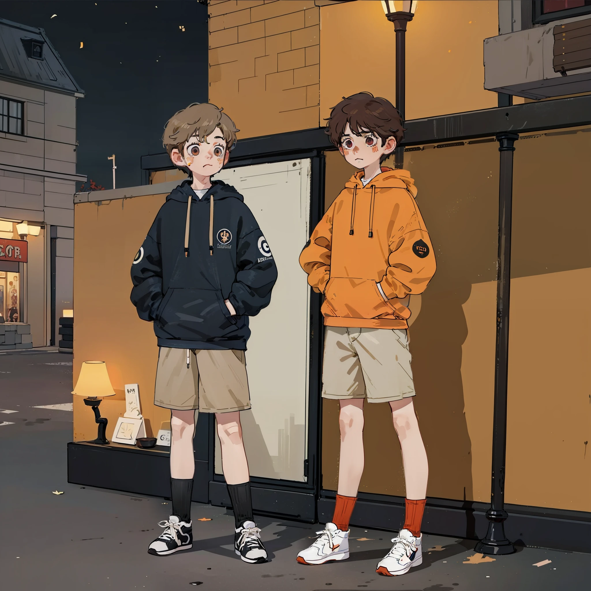 a crayon drawing of an anime boy, brown wavy hair, hazel eyes, red hoodie, beige shorts, knee high socks, red high cut sneakers, street, boy standing on a street, leanimg on lamp post, nighttime, soft and warm lighting, aesthetic vibe, ((1boy)), solo, one guy, solo photo, alone