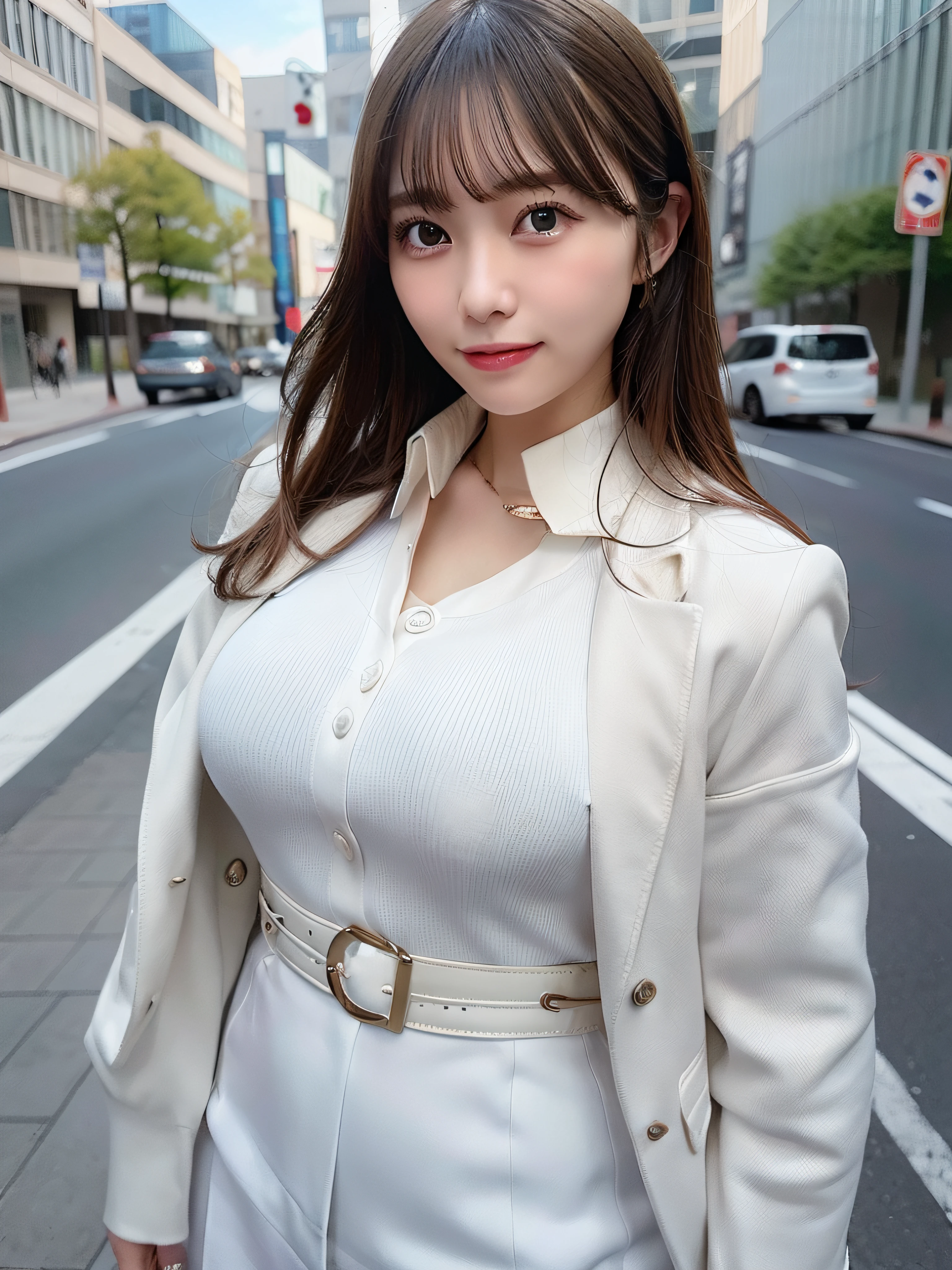 Casual office woman、In the street、Jacket Suit、White blouse with collar、a belt、tight skirts、fullllbody、top-quality、ultra-detailliert、超A high resolution、(Photorealsitic:1.8)、Saika 1、Erotic face、looking at the viewers、a smile、natural soft light、huge tit