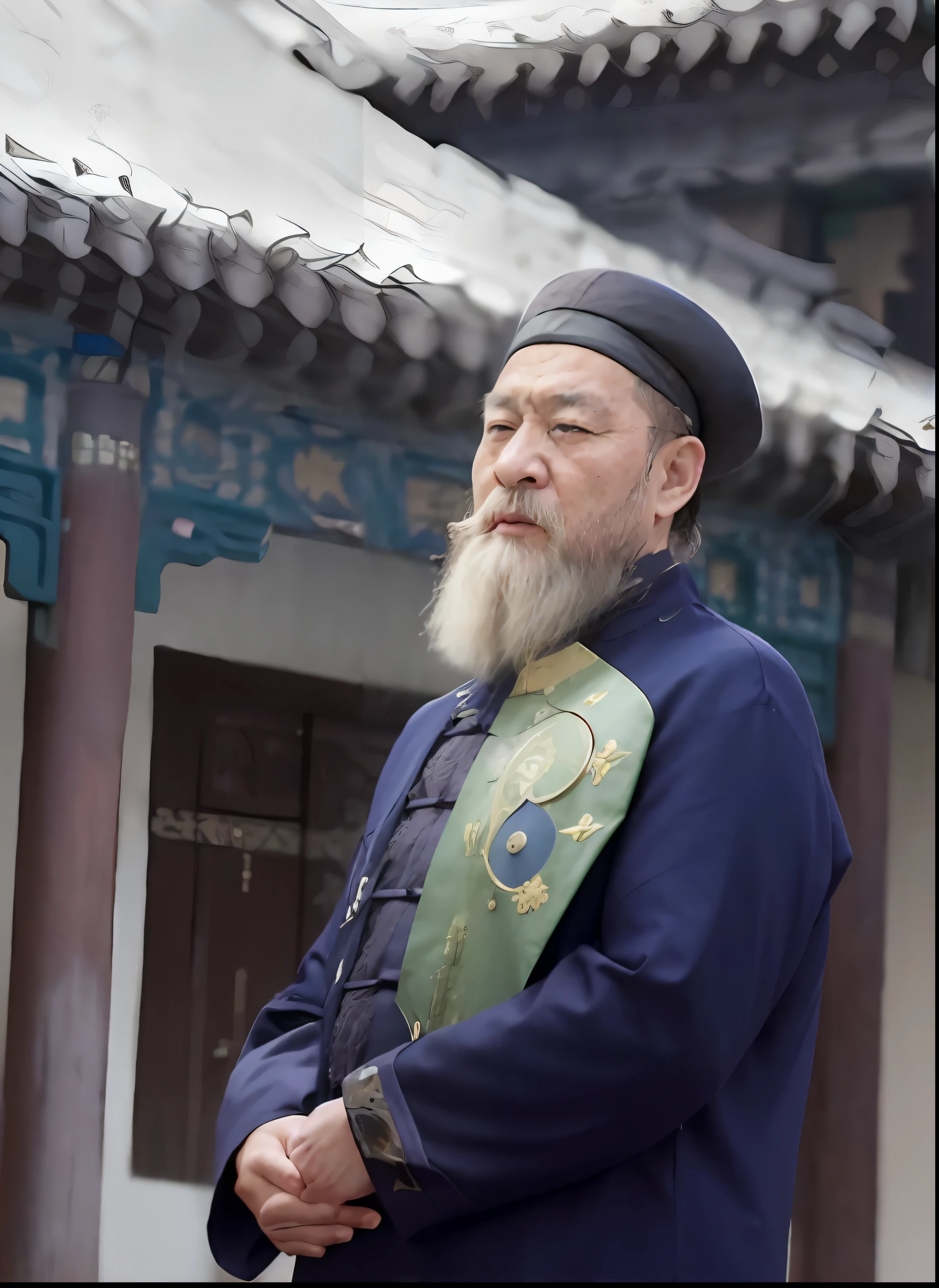 An Arad man with a long beard and a hat stands in front of the building, Taoist, zhang daqian, inspired by Li Shixing, Inspired by Hu Zaobin, Inspired by Cao Zhibai, Taoist master, inspired by Wu Daozi, Daoism, inspired by Zhang Shunzi, Taoist temples and monks --auto
