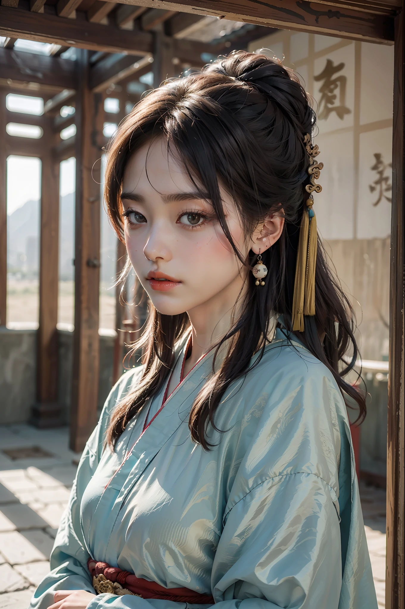 Best quality, masterpiece, ultra high res, (photorealistic:1.4), raw photo, 1girl, hanfu, ancient chinese building